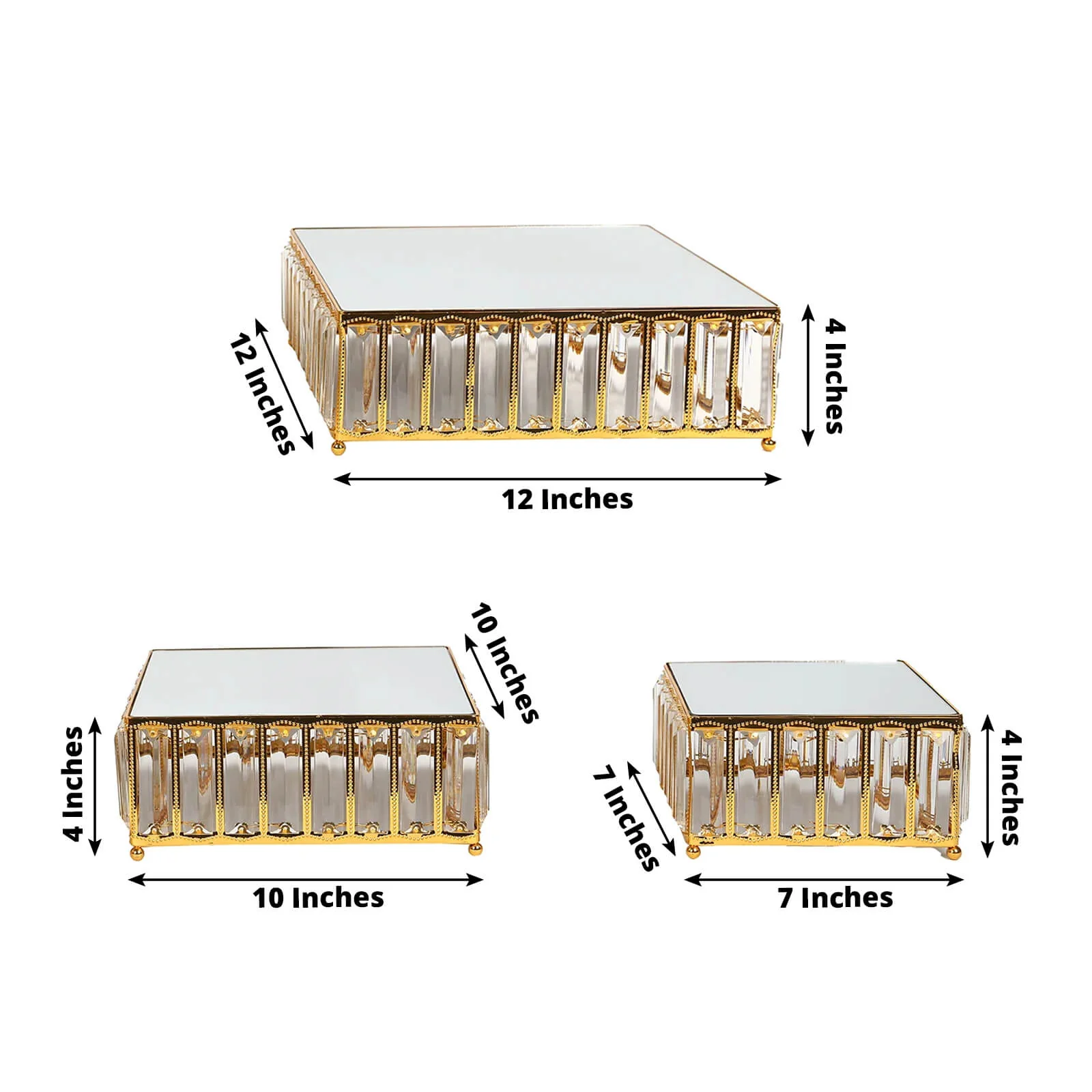 Set of 3 Crystal Pendant Gold Metal Cake Stands, Stackable Square Dessert Display Trays with Mirror Top - 7",10",12" - Image 2