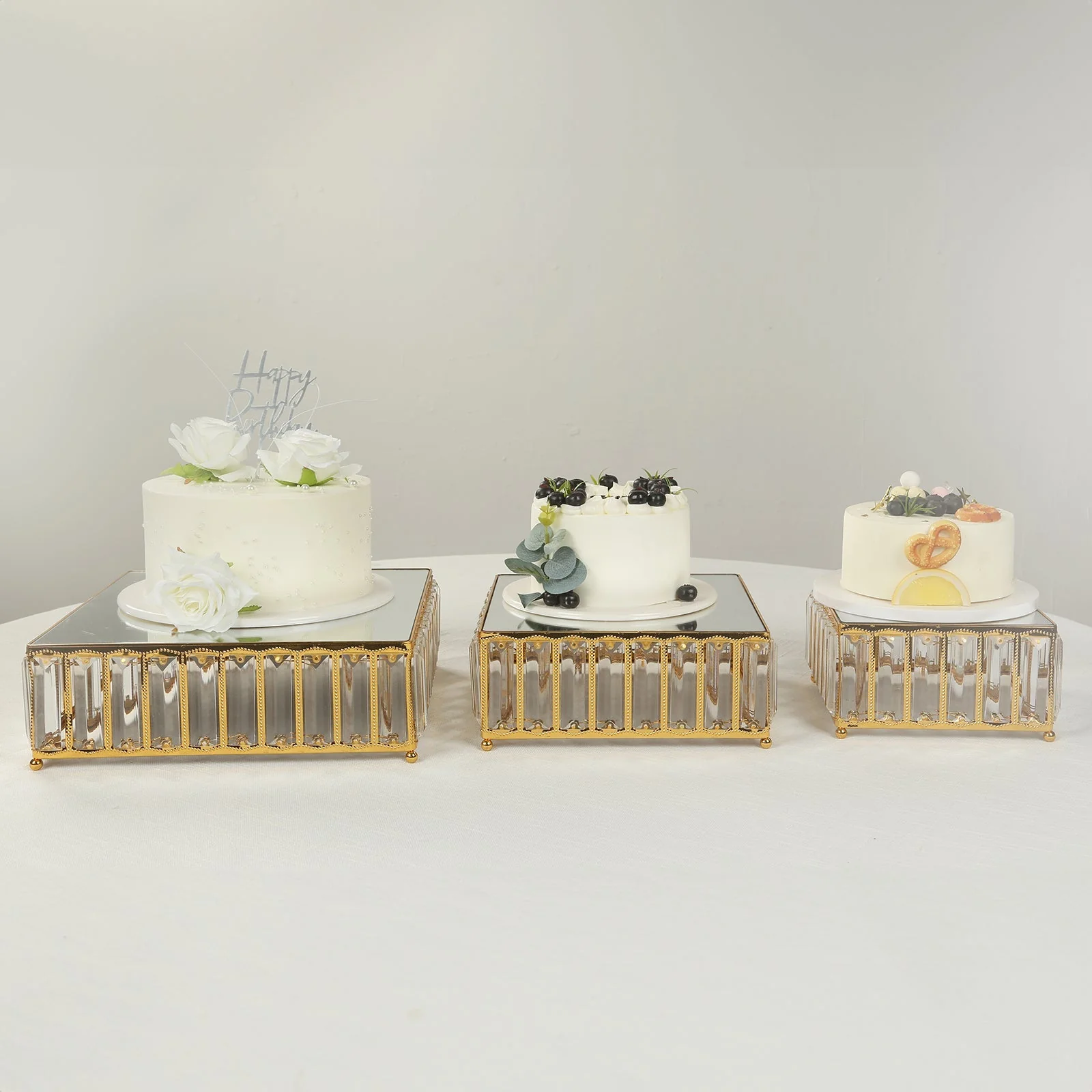 Set of 3 Crystal Pendant Gold Metal Cake Stands, Stackable Square Dessert Display Trays with Mirror Top - 7",10",12" - Image 6