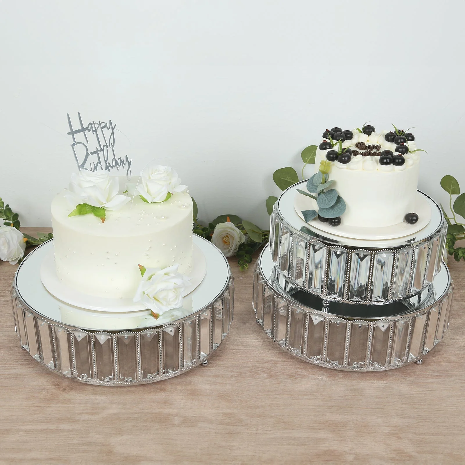 Set of 3 Crystal Pendant Silver Metal Cake Stands, Stackable Round Dessert Display Trays with Mirror Top - 9",11",12"