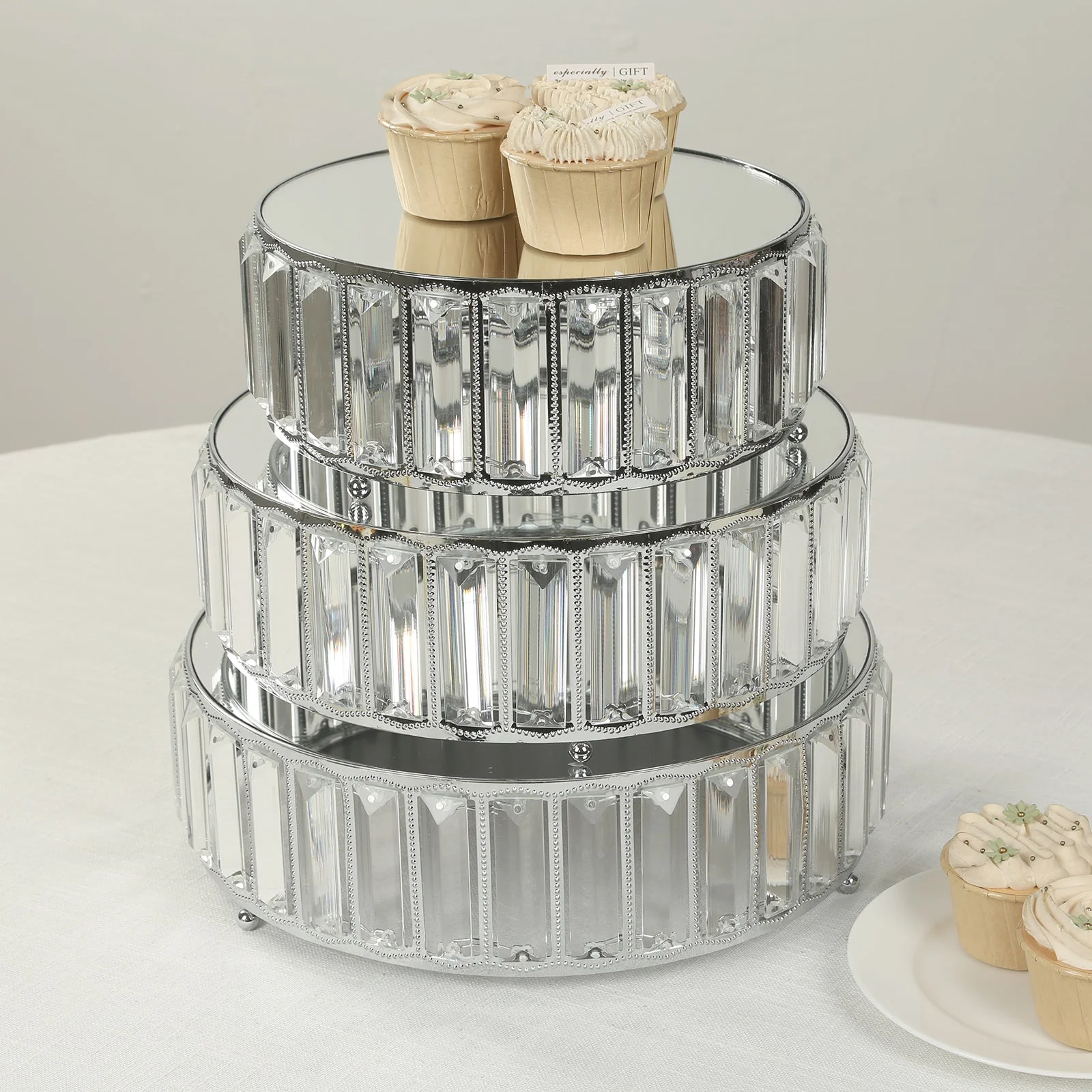 Set of 3 Crystal Pendant Silver Metal Cake Stands, Stackable Round Dessert Display Trays with Mirror Top - 9",11",12" - Image 5
