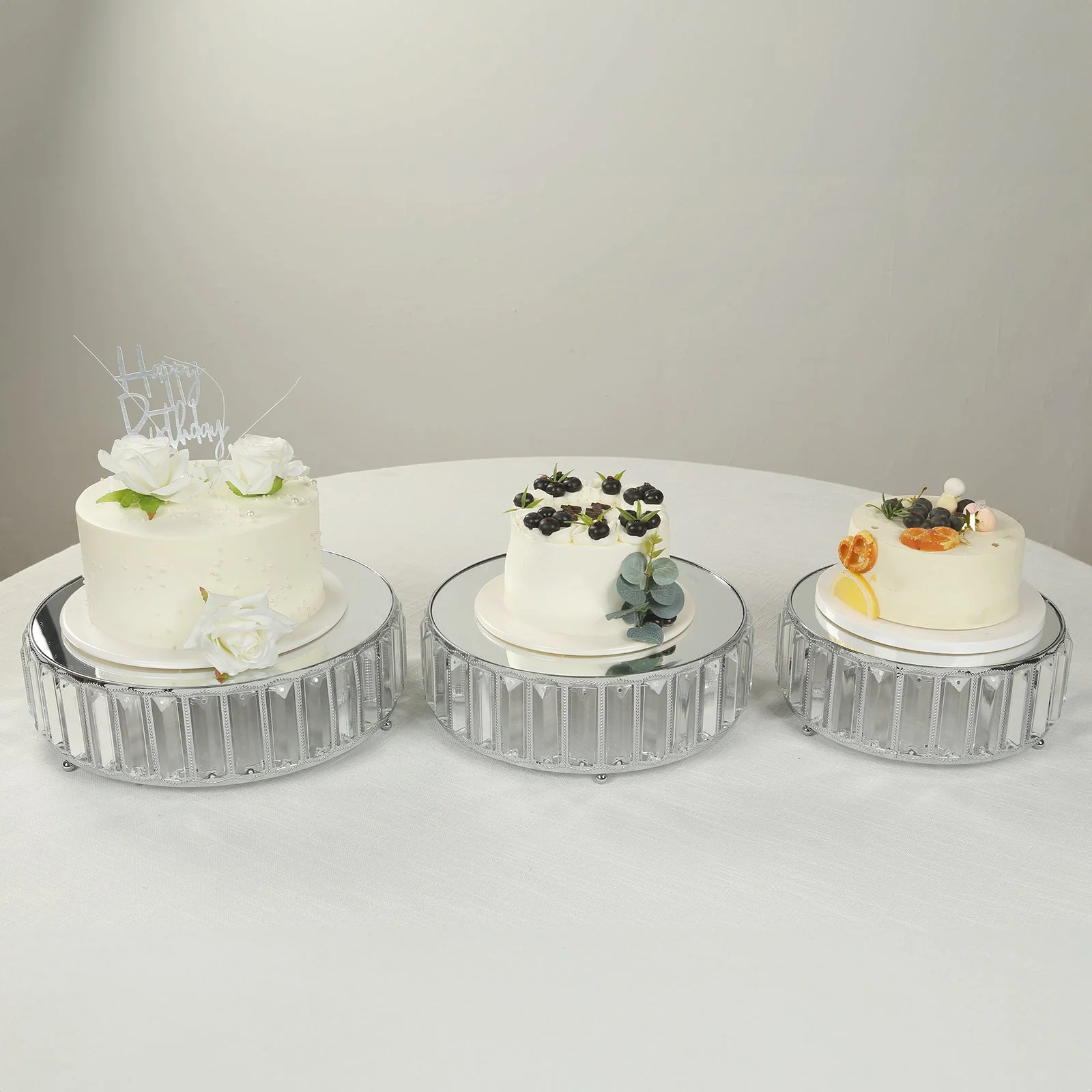 Set of 3 Crystal Pendant Silver Metal Cake Stands, Stackable Round Dessert Display Trays with Mirror Top - 9",11",12" - Image 6