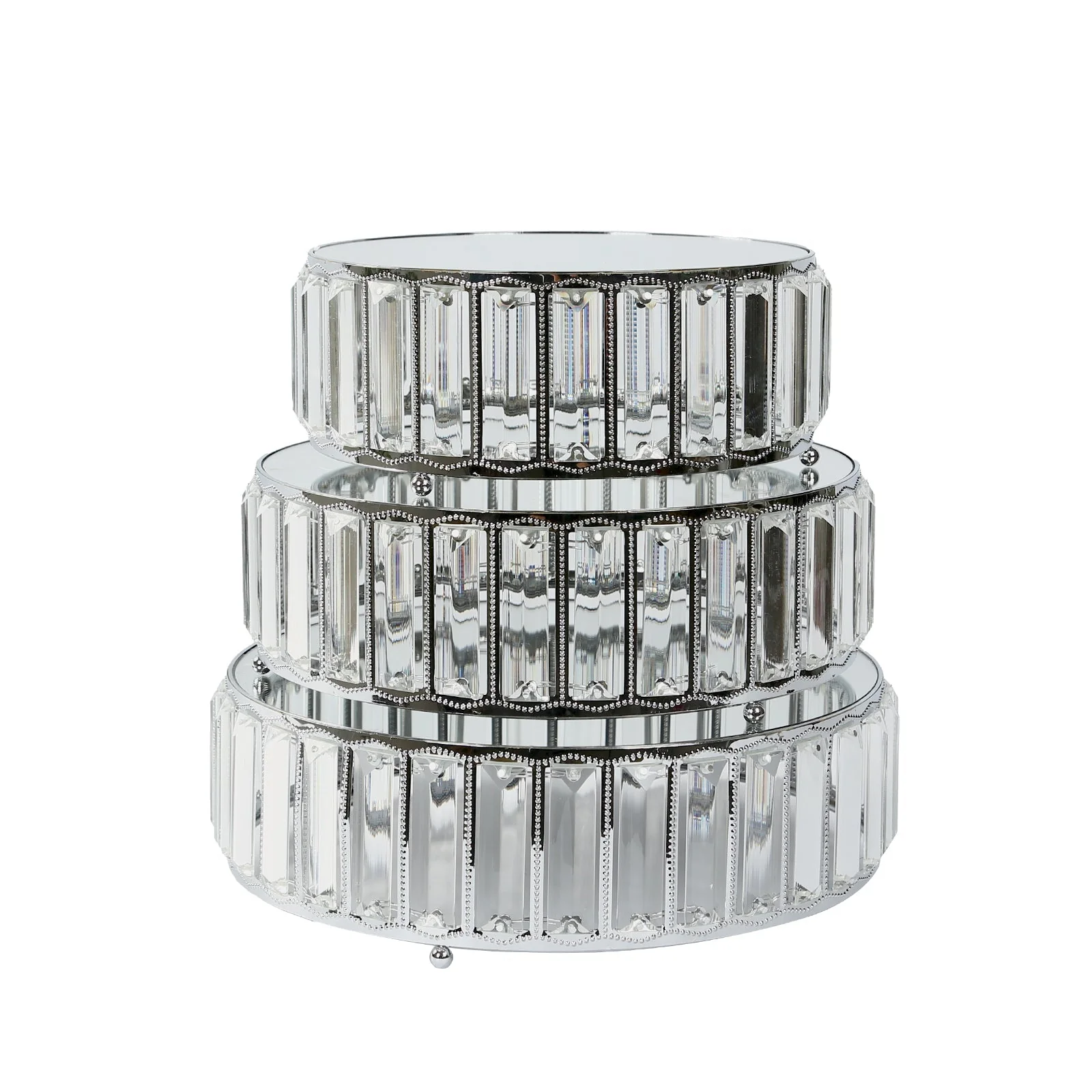 Set of 3 Crystal Pendant Silver Metal Cake Stands, Stackable Round Dessert Display Trays with Mirror Top - 9",11",12" - Image 7