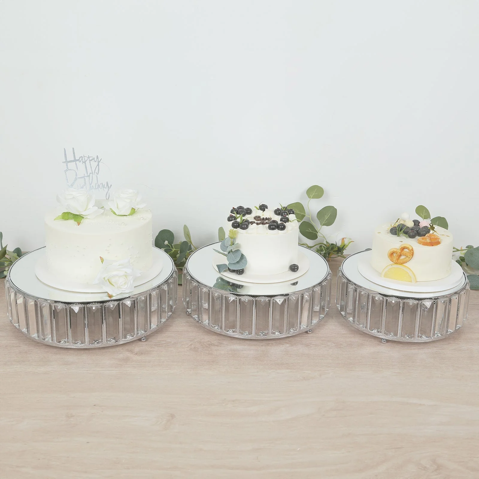 Set of 3 Crystal Pendant Silver Metal Cake Stands, Stackable Round Dessert Display Trays with Mirror Top - 9",11",12" - Image 8