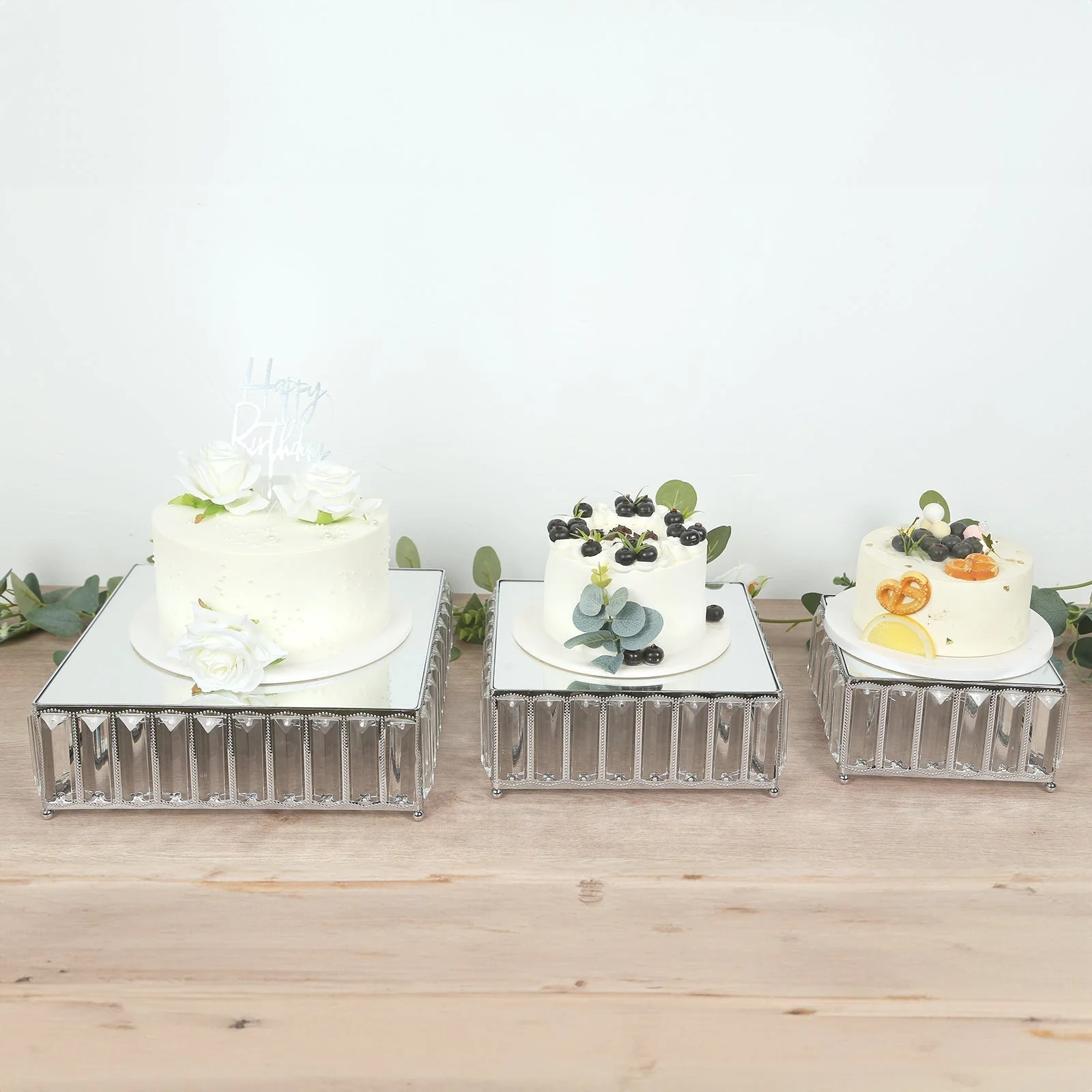 Set of 3 Crystal Pendant Silver Metal Cake Stands, Stackable Square Dessert Display Trays with Mirror Top - 7",10",12" - Image 7