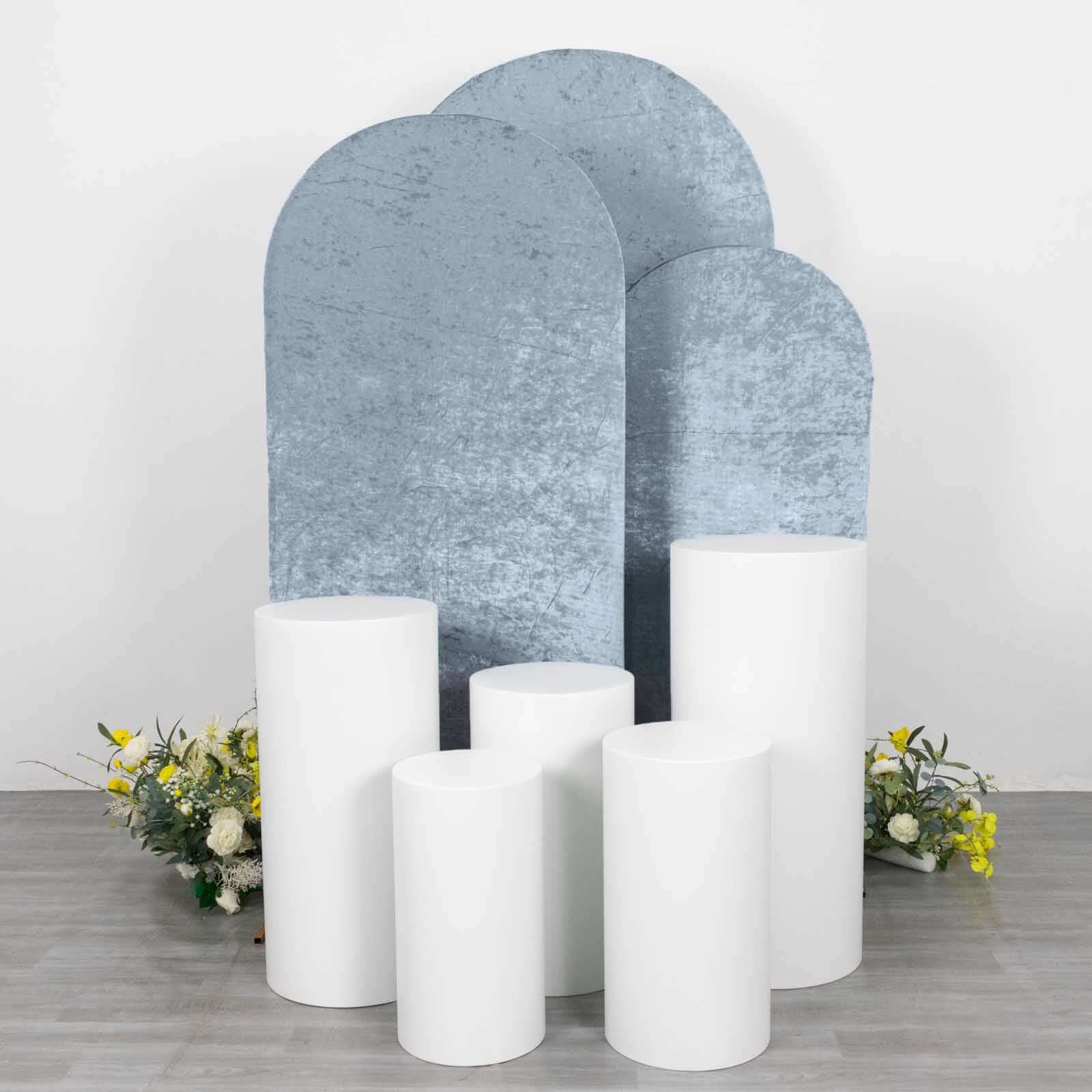 Set of 3 Dusty Blue Crushed Velvet Chiara Wedding Arch Covers For Round Top Backdrop Stands 5ft, 6ft, 7ft - Image 2