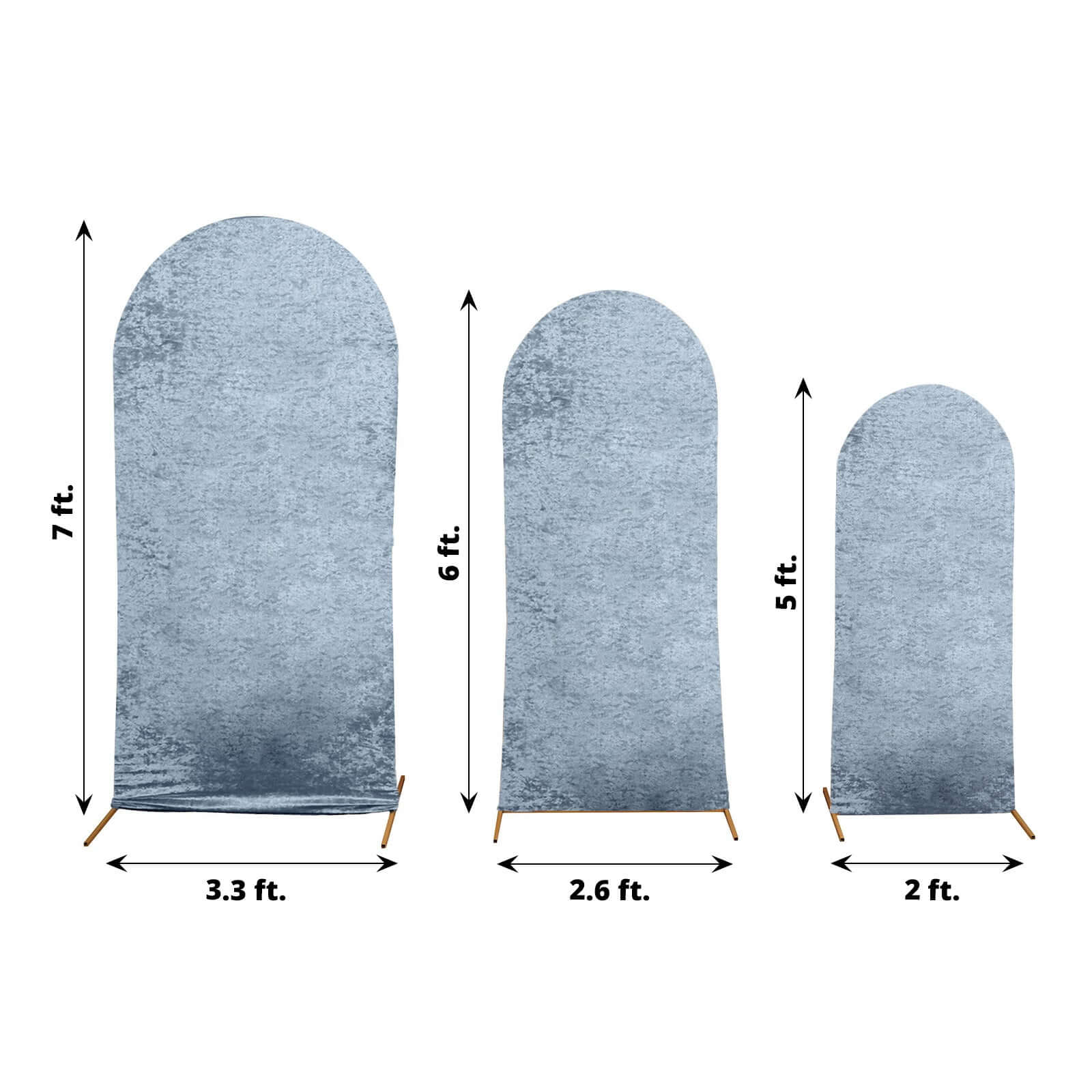 Set of 3 Dusty Blue Crushed Velvet Chiara Wedding Arch Covers For Round Top Backdrop Stands 5ft, 6ft, 7ft - Image 3
