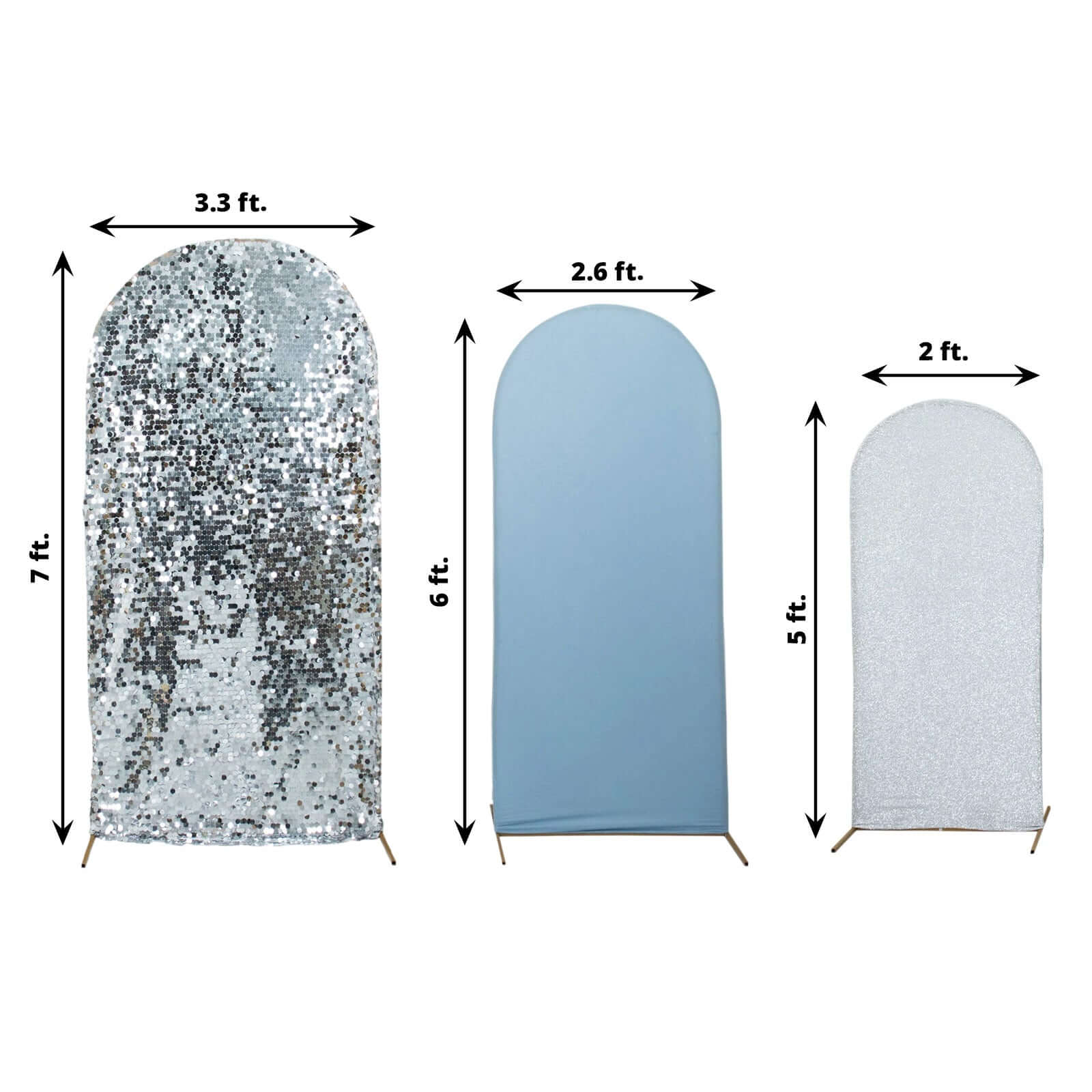 Set of 3 Dusty Blue / Silver Round Top Fitted Backdrop Stand Covers, Big Payette Sequin, Shimmer Tinsel and Matte Spandex Wedding Arch Frame Covers - Image 3