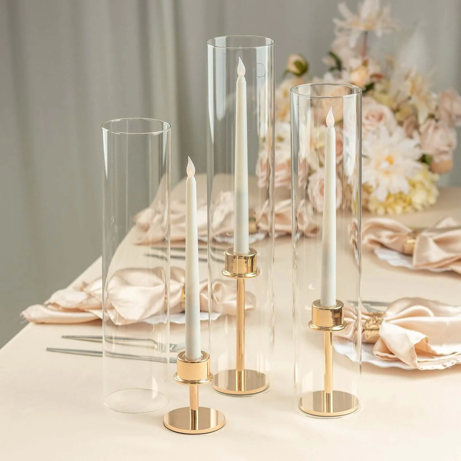 Set of 3 Glass Candle Sleeves Hurricane Shades 15", 17", 19" Clear - Versatile 3.5" Wide Pillar Candle Holders Table Centerpiece for Events - Image 6