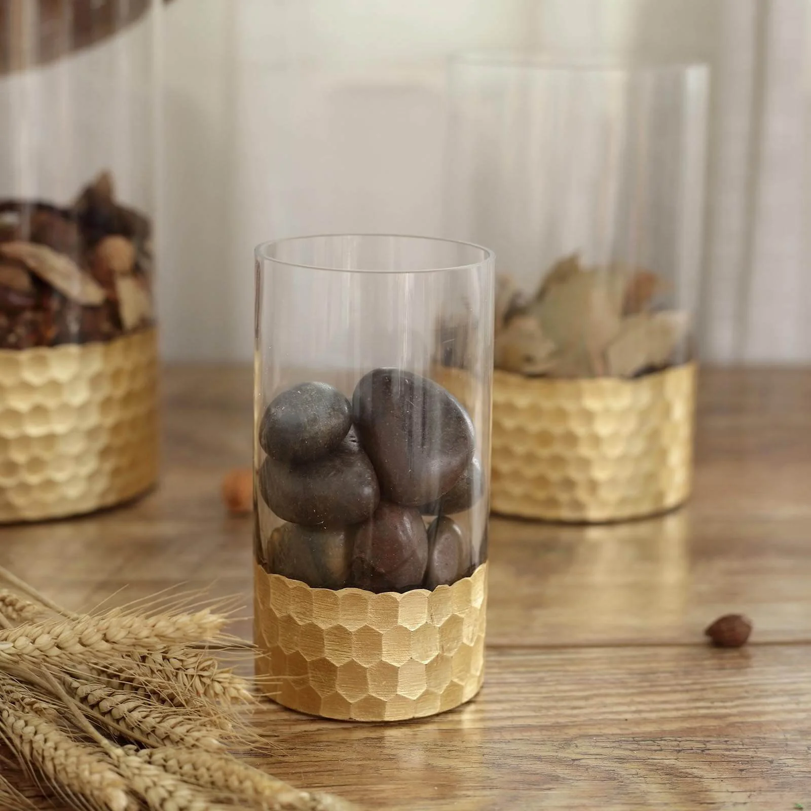 Set of 3 Glass Cylinder Vases Honeycomb Design 6", 8", 10" Clear with Gold Base - Tealight Wedding Centerpieces - Image 9