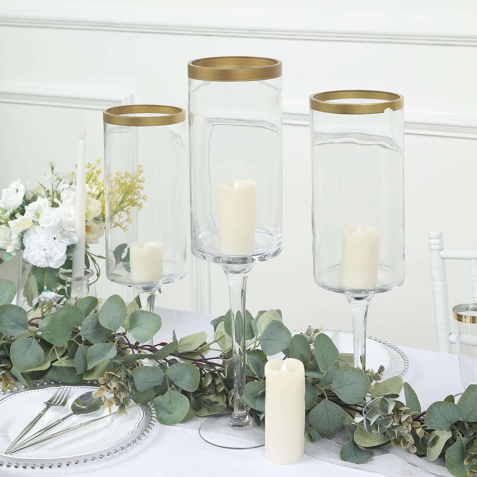 Set of 3 Glass Hurricane Candle Holders Long Stem 16", 18", 20" Clear with Gold Rim - Cylindrical Pedestal Wedding Centerpieces - Image 2