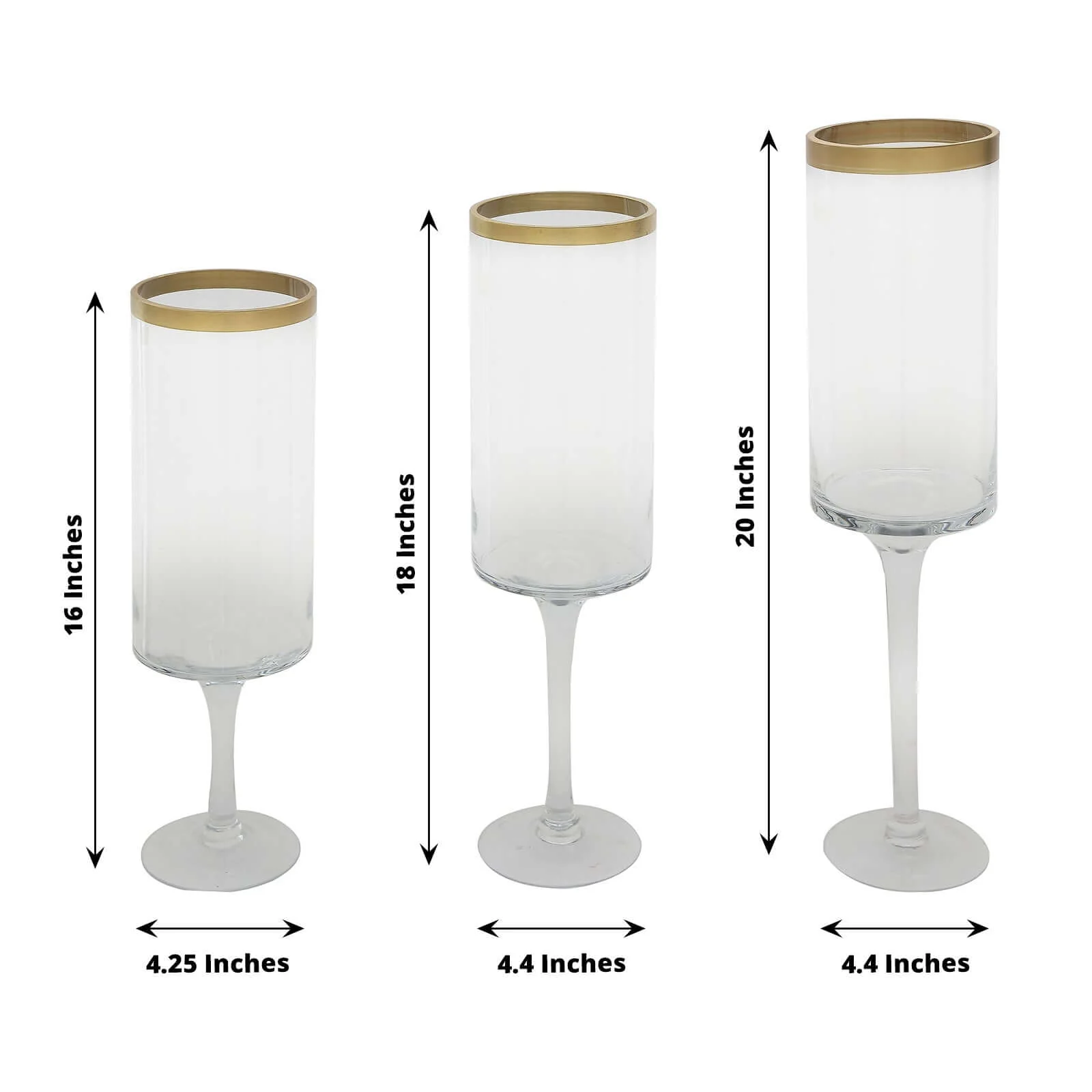 Set of 3 Glass Hurricane Candle Holders Long Stem 16", 18", 20" Clear with Gold Rim - Cylindrical Pedestal Wedding Centerpieces - Image 3