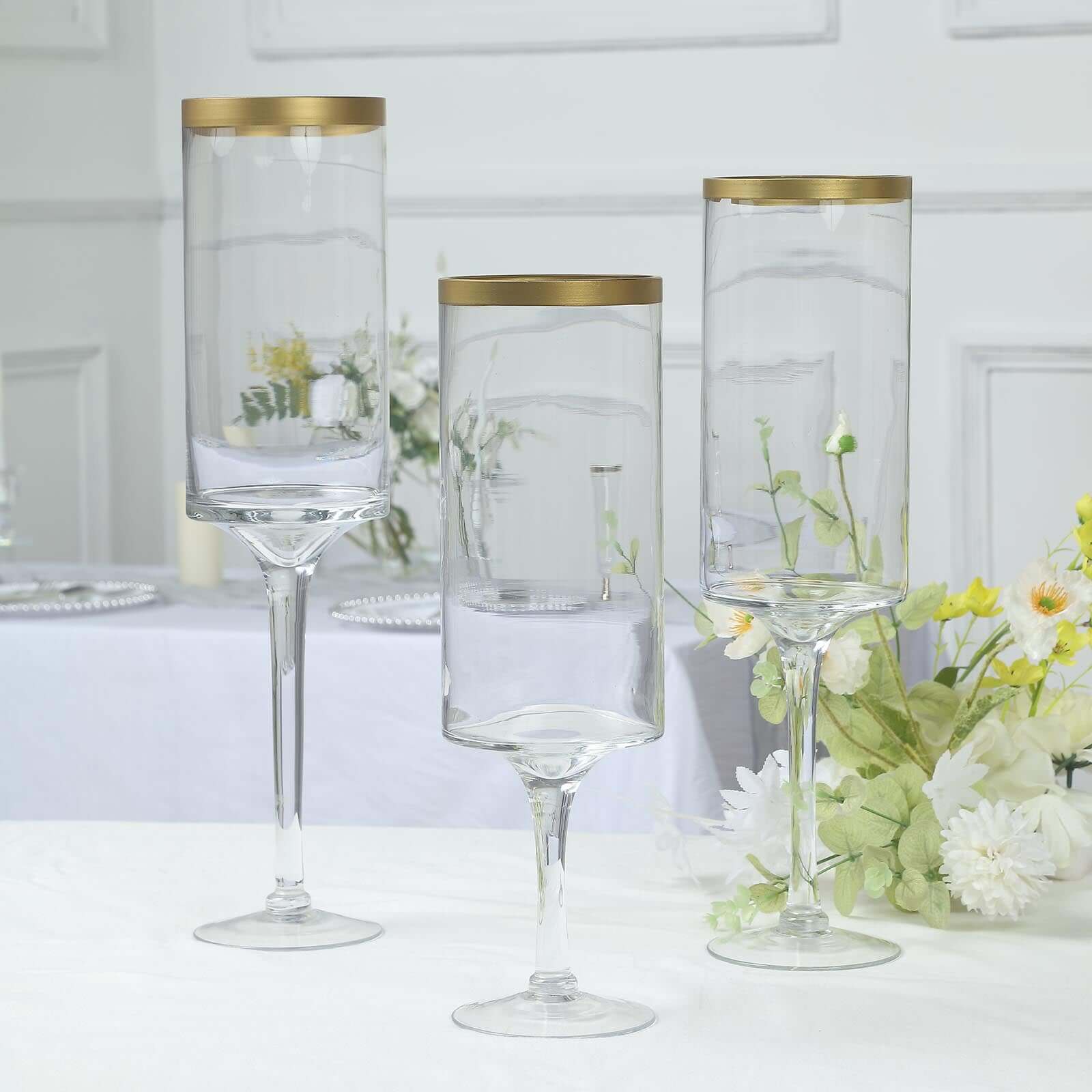 Set of 3 Glass Hurricane Candle Holders Long Stem 16", 18", 20" Clear with Gold Rim - Cylindrical Pedestal Wedding Centerpieces - Image 4