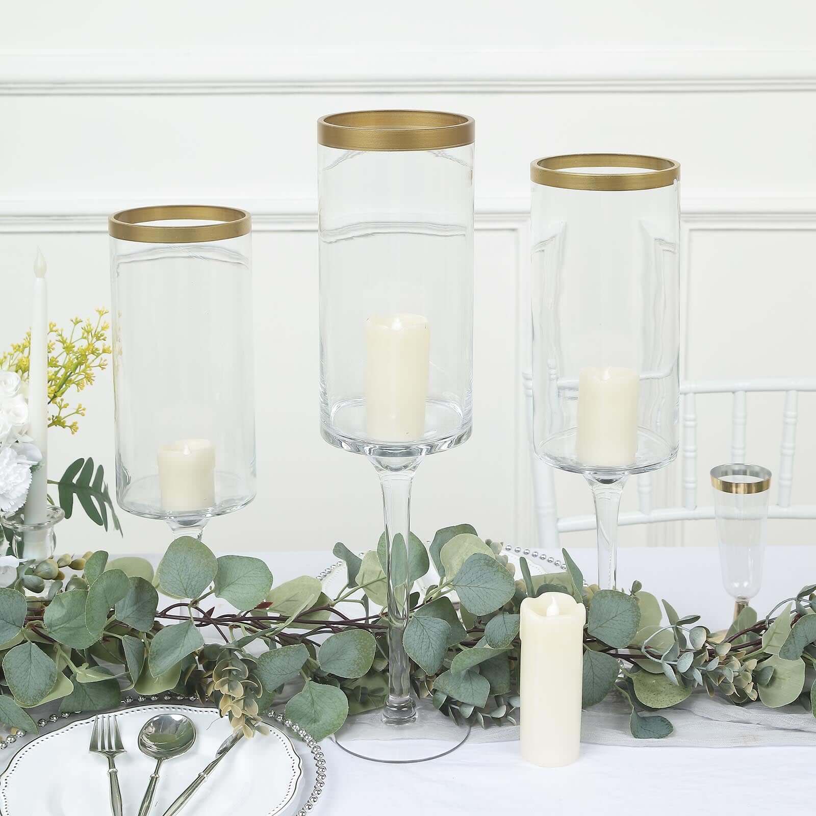 Set of 3 Glass Hurricane Candle Holders Long Stem 16", 18", 20" Clear with Gold Rim - Cylindrical Pedestal Wedding Centerpieces - Image 5