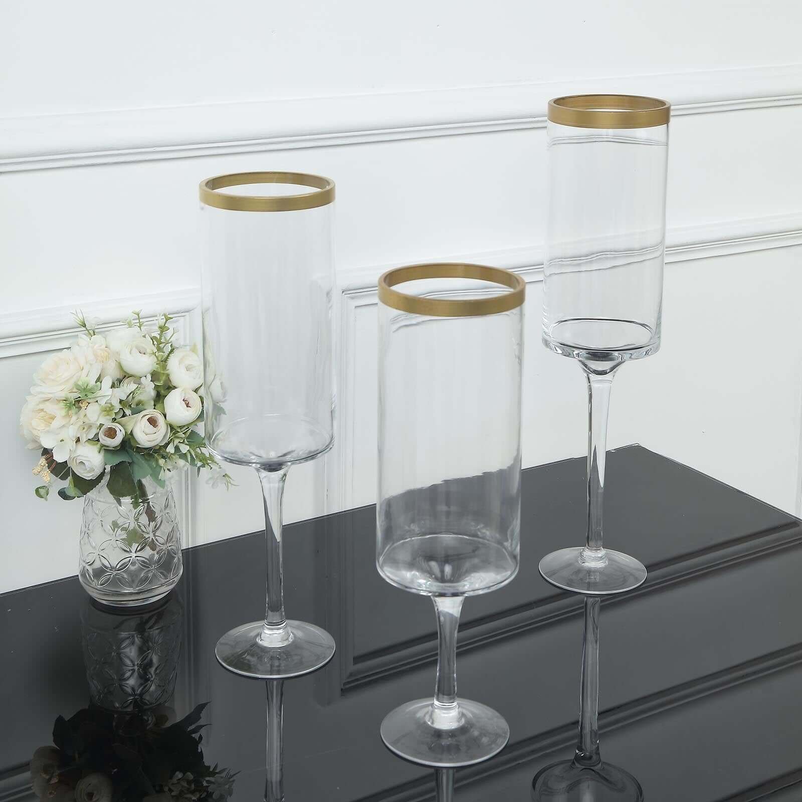 Set of 3 Glass Hurricane Candle Holders Long Stem 16", 18", 20" Clear with Gold Rim - Cylindrical Pedestal Wedding Centerpieces - Image 6
