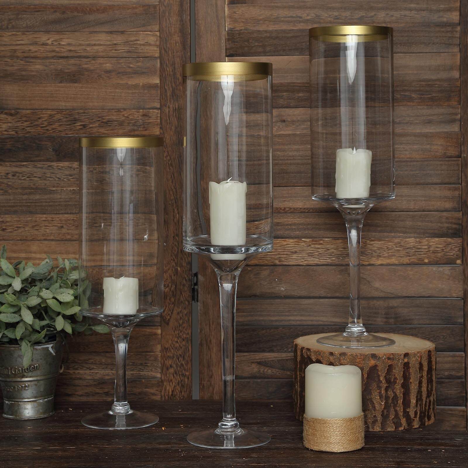 Set of 3 Glass Hurricane Candle Holders Long Stem 16", 18", 20" Clear with Gold Rim - Cylindrical Pedestal Wedding Centerpieces - Image 8