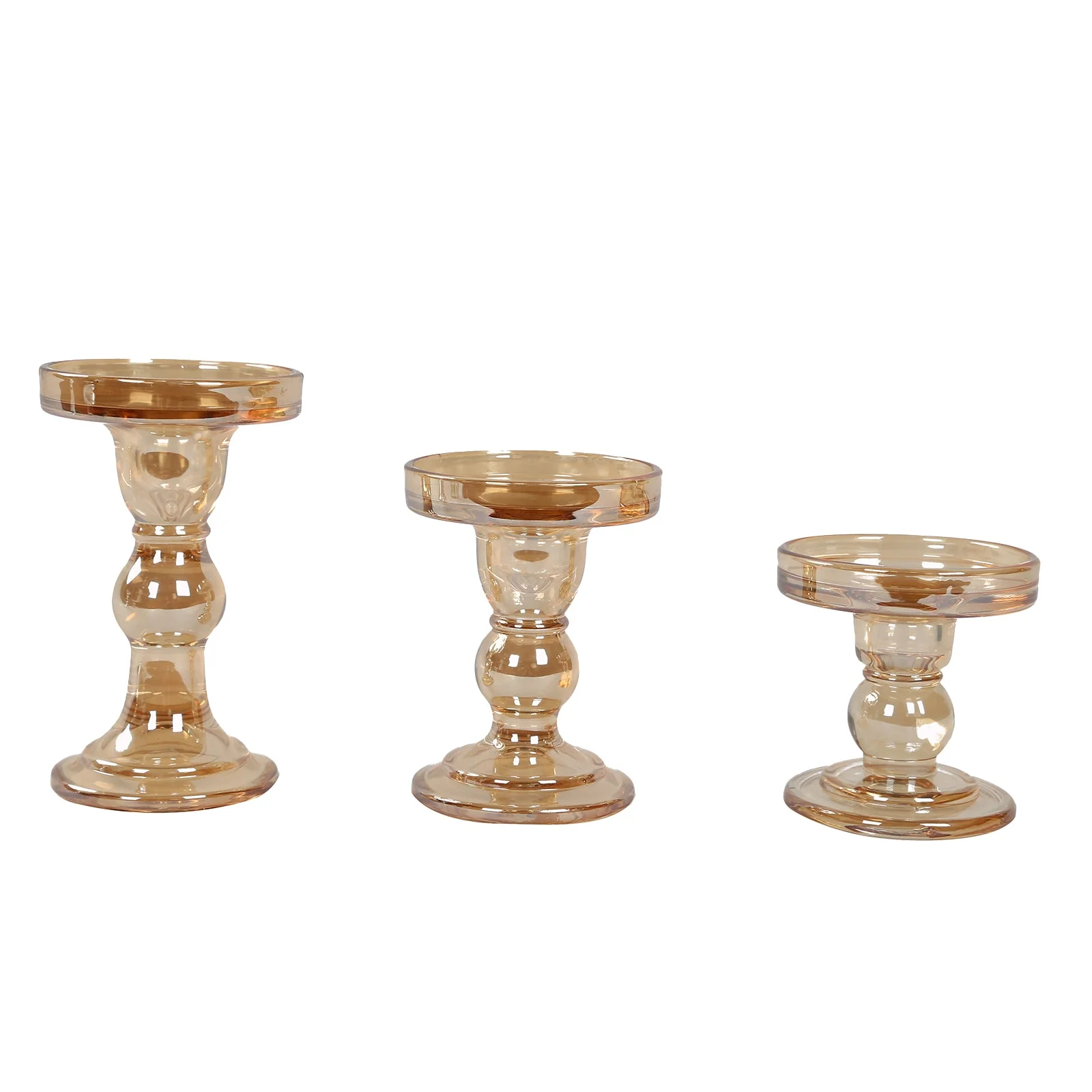 Set of 3 Glass Pillar Candle Holders 3.5", 4.5", 5.5" Amber Gold with Round Tray - Crystal Ball Stem Taper Candlestick Tea Light Stands - Image 6