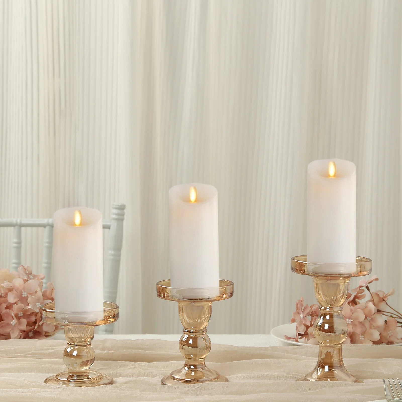 Set of 3 Glass Pillar Candle Holders 3.5", 4.5", 5.5" Amber Gold with Round Tray - Crystal Ball Stem Taper Candlestick Tea Light Stands - Image 7