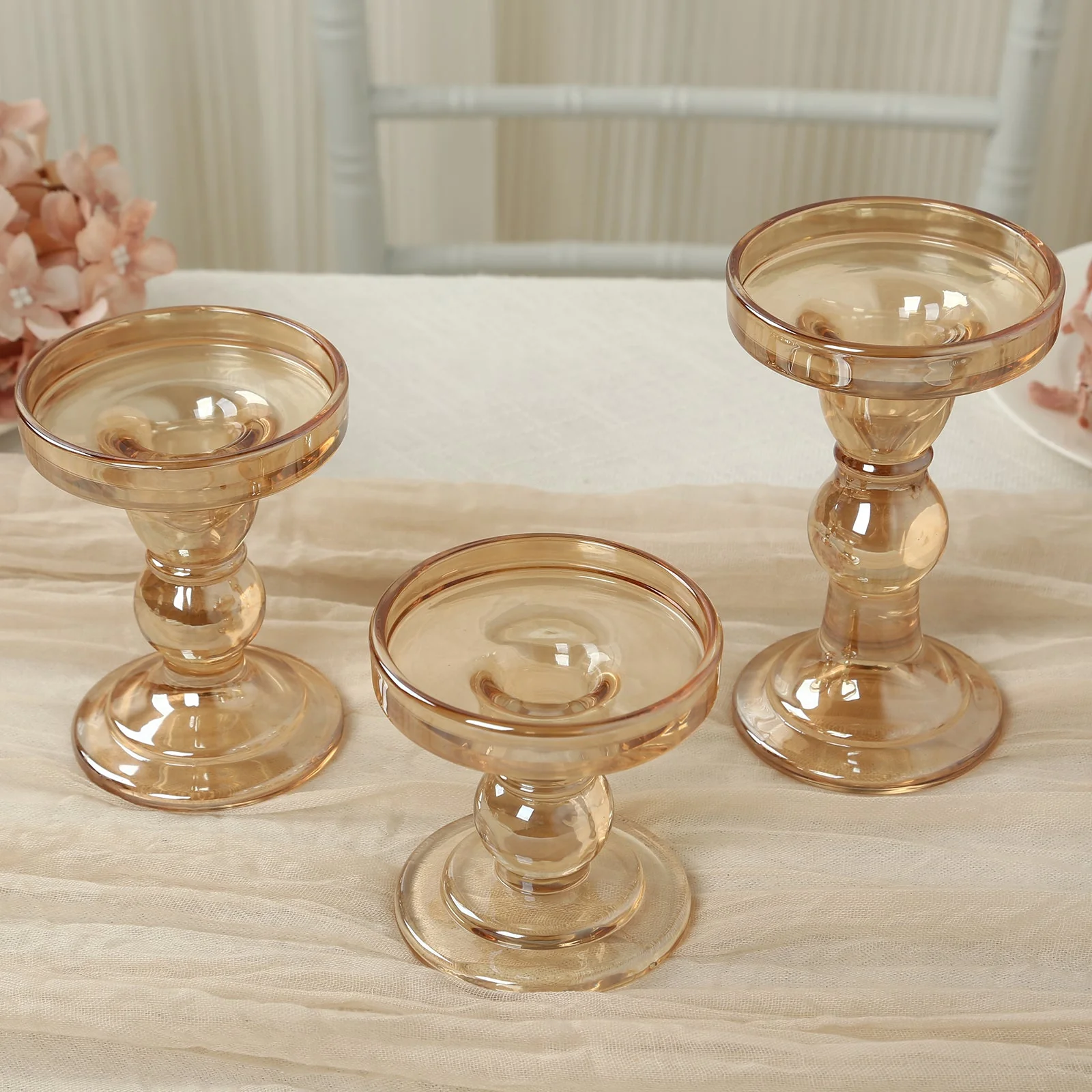 Set of 3 Glass Pillar Candle Holders 3.5", 4.5", 5.5" Amber Gold with Round Tray - Crystal Ball Stem Taper Candlestick Tea Light Stands - Image 8