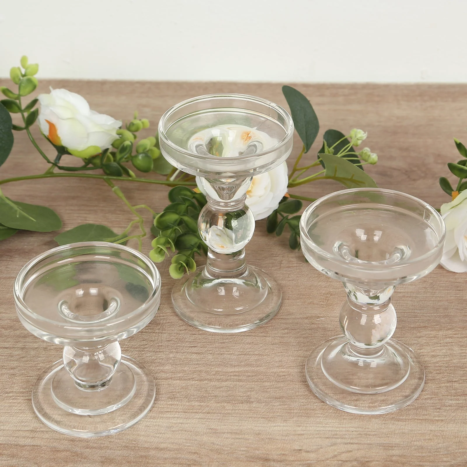 Set of 3 Glass Pillar Candle Holders 3.5", 4.5", 5.5" Clear with Round Tray - Crystal Ball Stem Taper Candlestick Tea Light Stands - Image 2