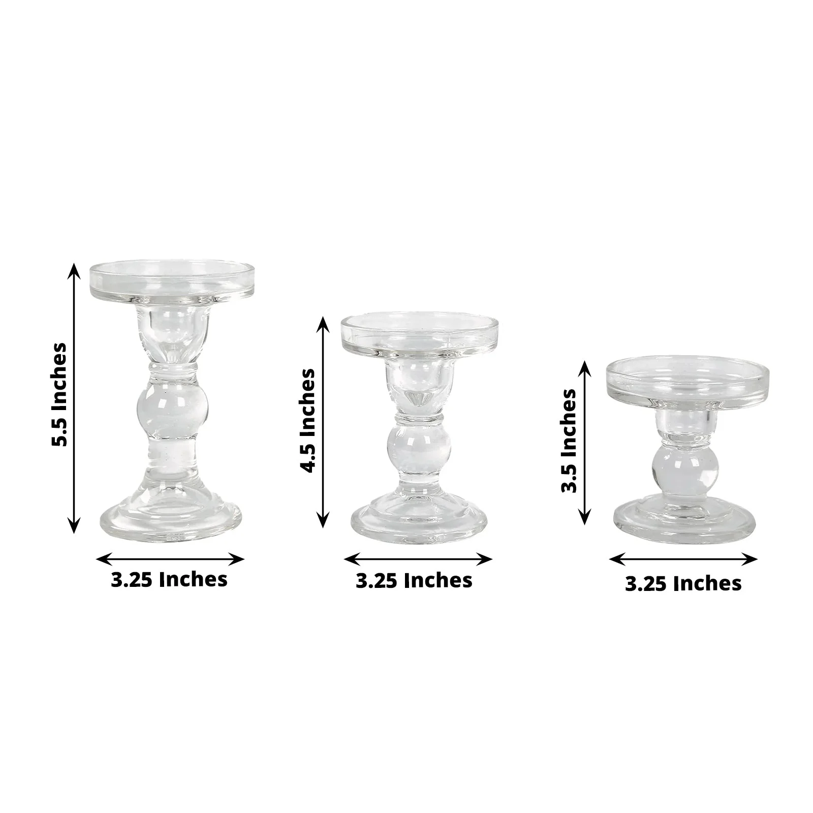 Set of 3 Glass Pillar Candle Holders 3.5", 4.5", 5.5" Clear with Round Tray - Crystal Ball Stem Taper Candlestick Tea Light Stands - Image 3