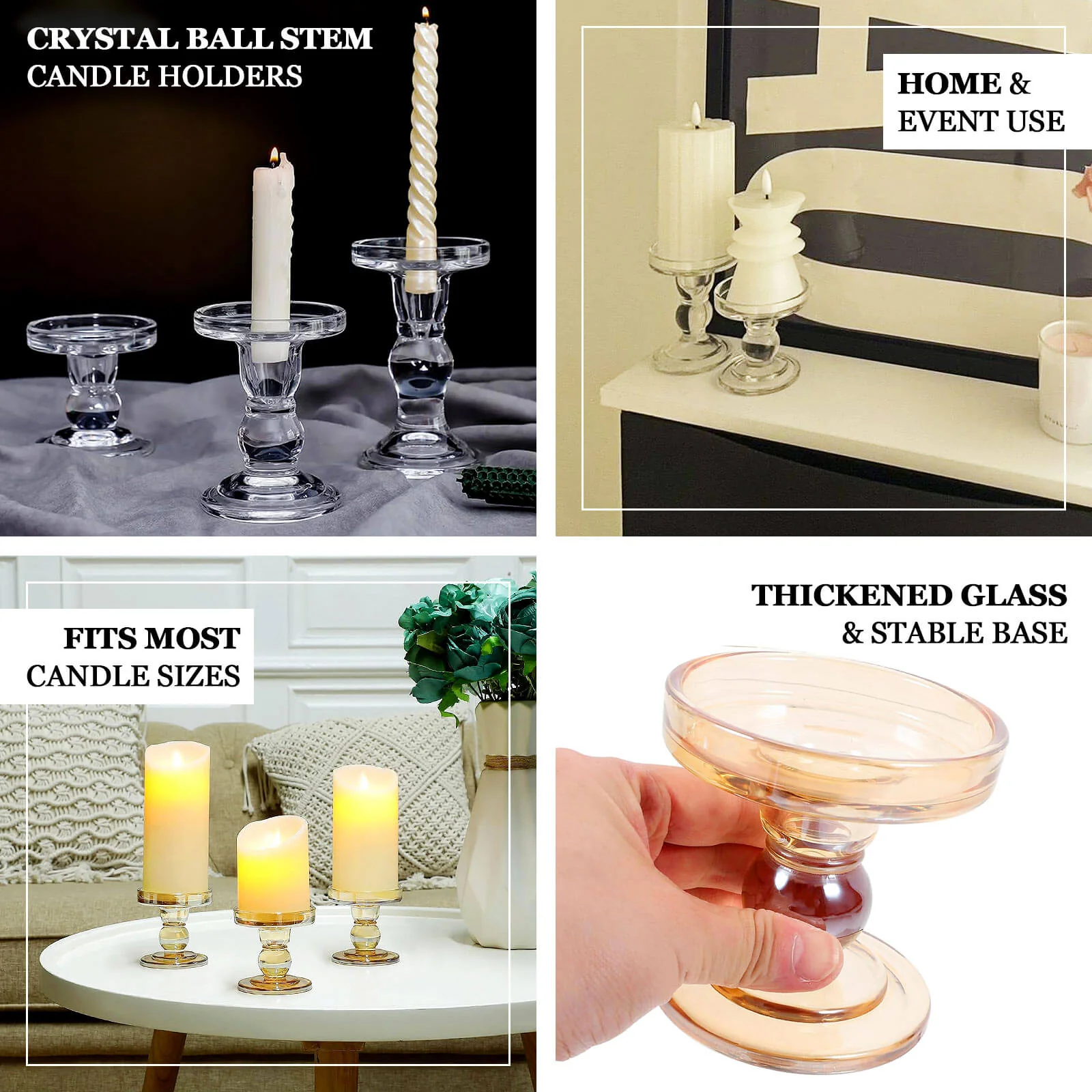 Set of 3 Glass Pillar Candle Holders 3.5", 4.5", 5.5" Clear with Round Tray - Crystal Ball Stem Taper Candlestick Tea Light Stands - Image 4
