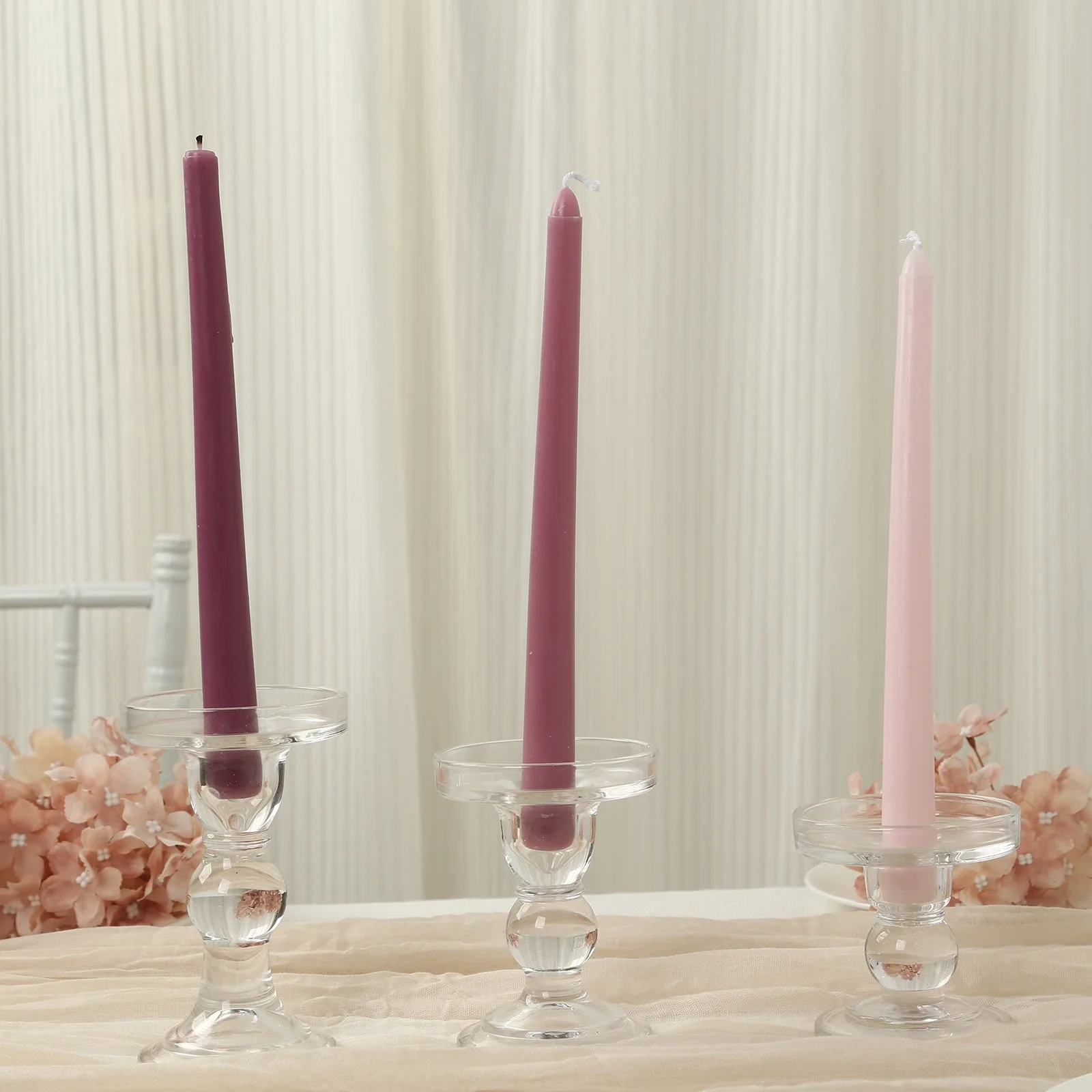 Set of 3 Glass Pillar Candle Holders 3.5", 4.5", 5.5" Clear with Round Tray - Crystal Ball Stem Taper Candlestick Tea Light Stands - Image 7