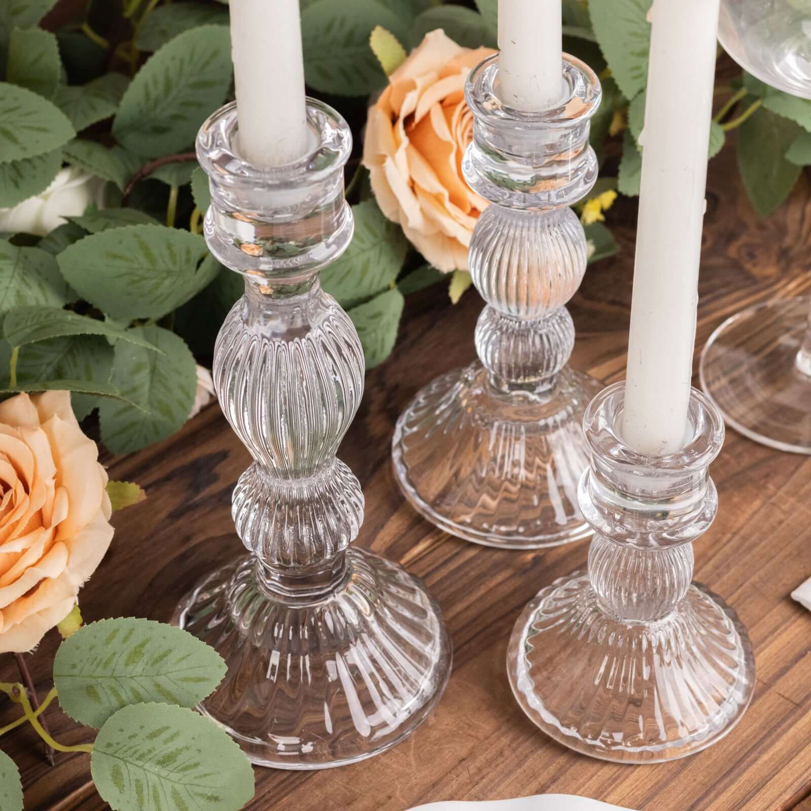 Set of 3 Glass Taper Candle Holders 4", 6", 8" Fluted Design Clear - Ribbed Crystal Candlestick Stands - Image 2