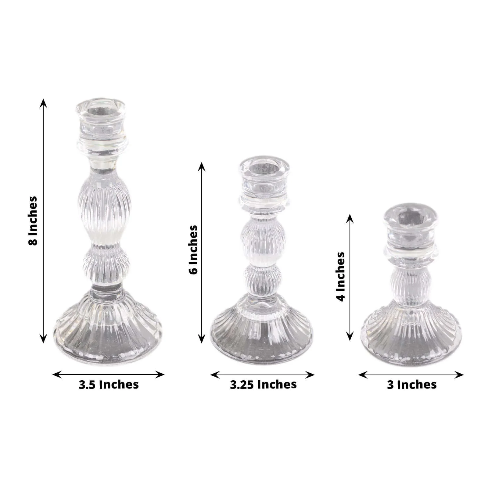 Set of 3 Glass Taper Candle Holders 4", 6", 8" Fluted Design Clear - Ribbed Crystal Candlestick Stands - Image 3