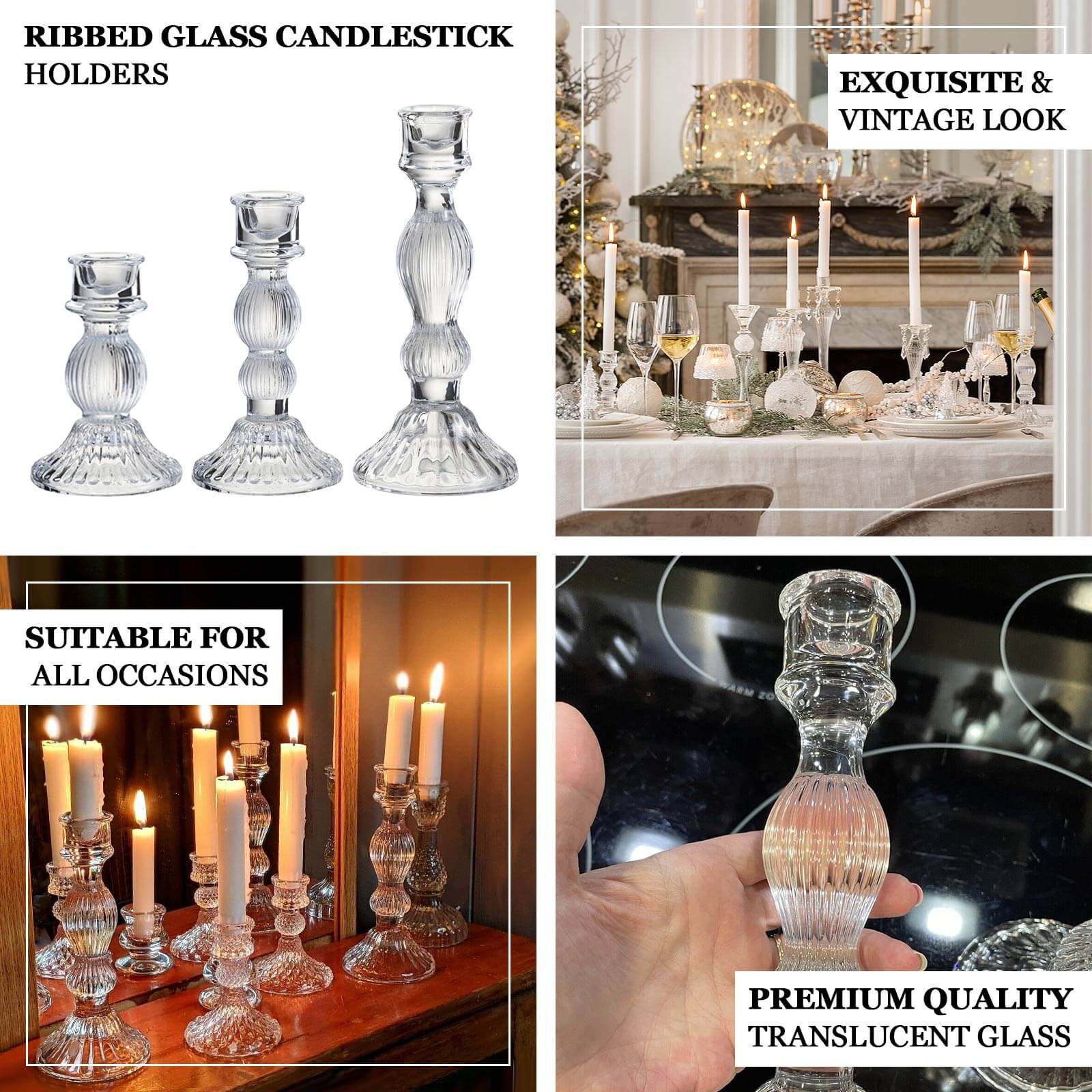 Set of 3 Glass Taper Candle Holders 4", 6", 8" Fluted Design Clear - Ribbed Crystal Candlestick Stands - Image 4