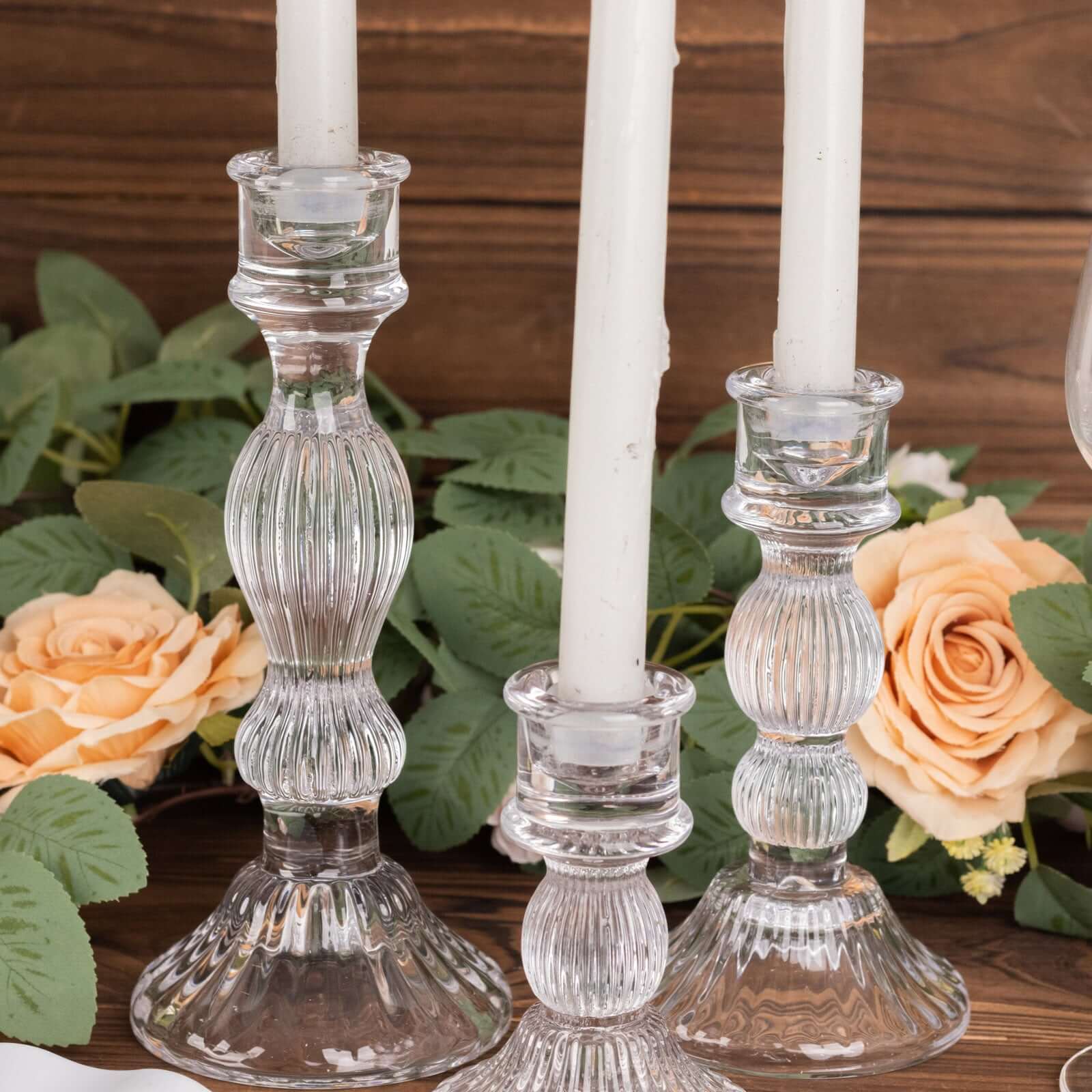 Set of 3 Glass Taper Candle Holders 4", 6", 8" Fluted Design Clear - Ribbed Crystal Candlestick Stands - Image 5