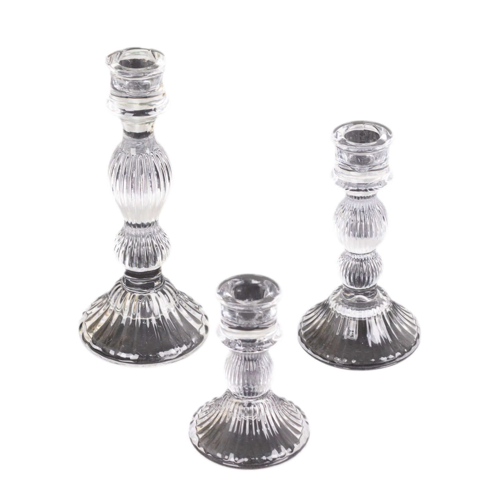 Set of 3 Glass Taper Candle Holders 4", 6", 8" Fluted Design Clear - Ribbed Crystal Candlestick Stands - Image 6