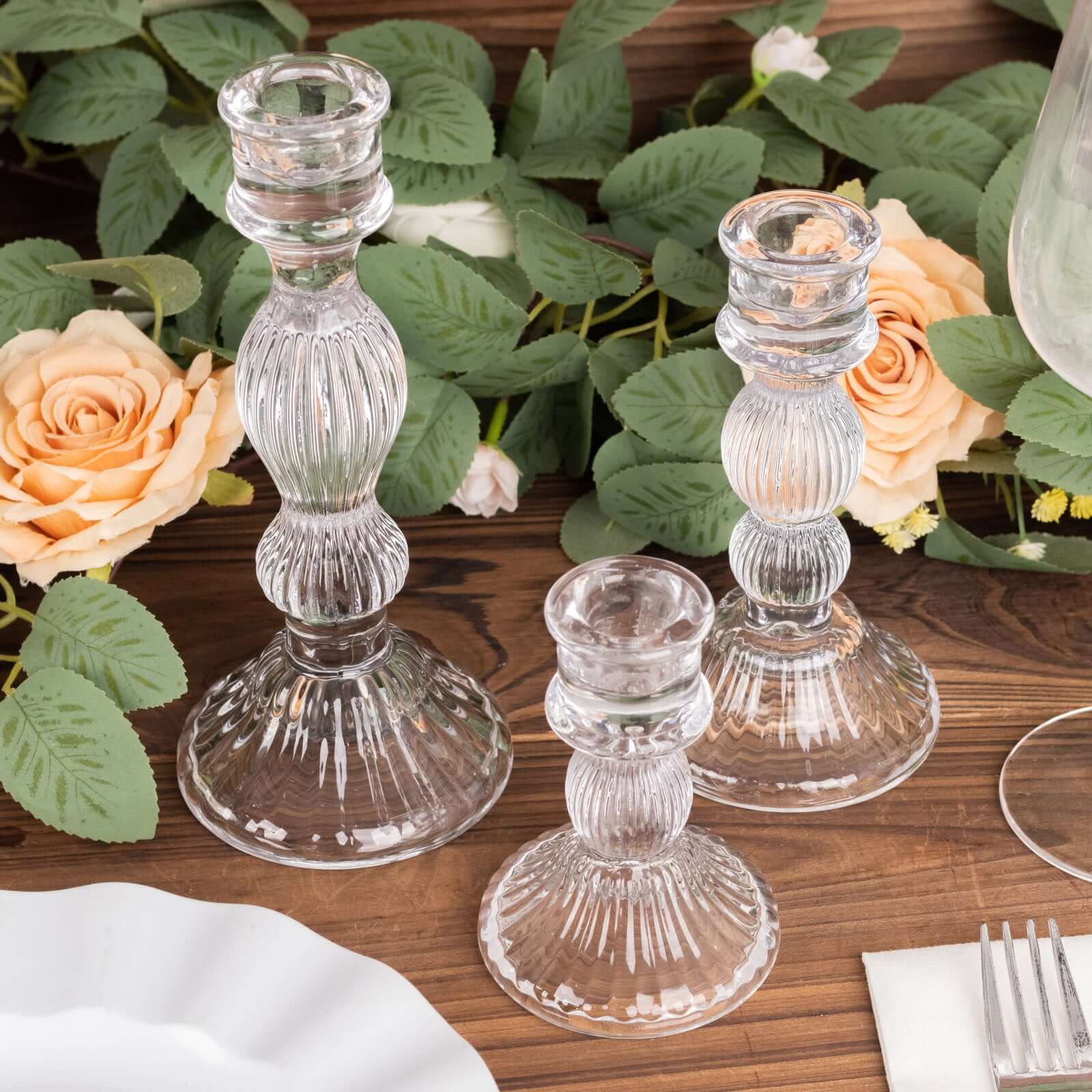 Set of 3 Glass Taper Candle Holders 4", 6", 8" Fluted Design Clear - Ribbed Crystal Candlestick Stands - Image 8