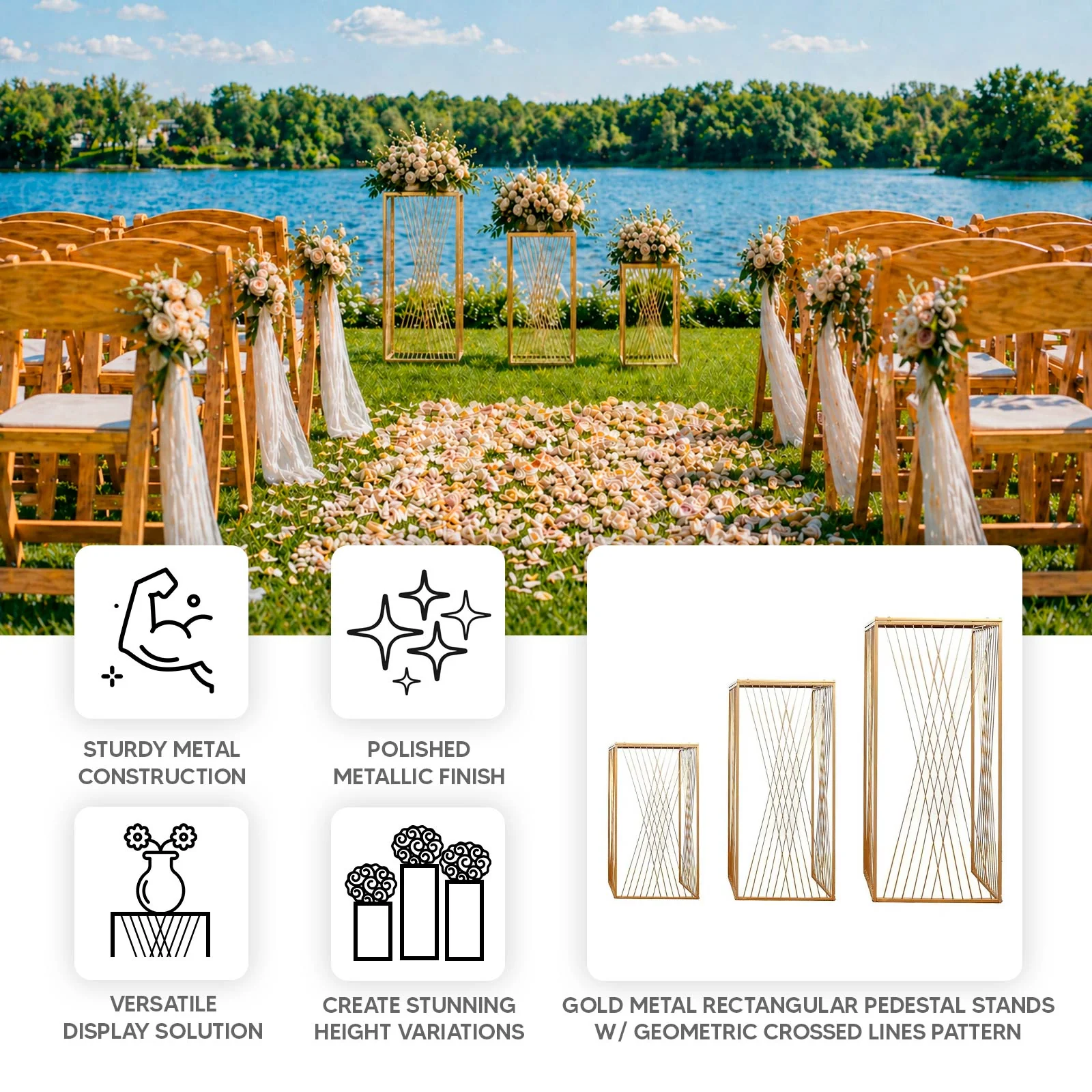 Set of 3 Gold Metal Rectangular Pedestal Stands with Geometric Crossed Lines Pattern, Floral Display Stands Nesting Cake Dessert Tables - 19",27",35" - Image 4
