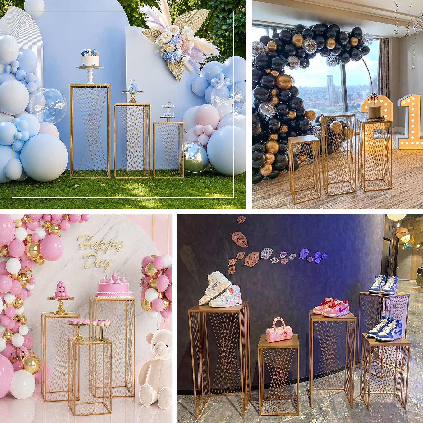 Set of 3 Gold Metal Rectangular Pedestal Stands with Geometric Crossed Lines Pattern, Floral Display Stands Nesting Cake Dessert Tables - 19",27",35" - Image 5