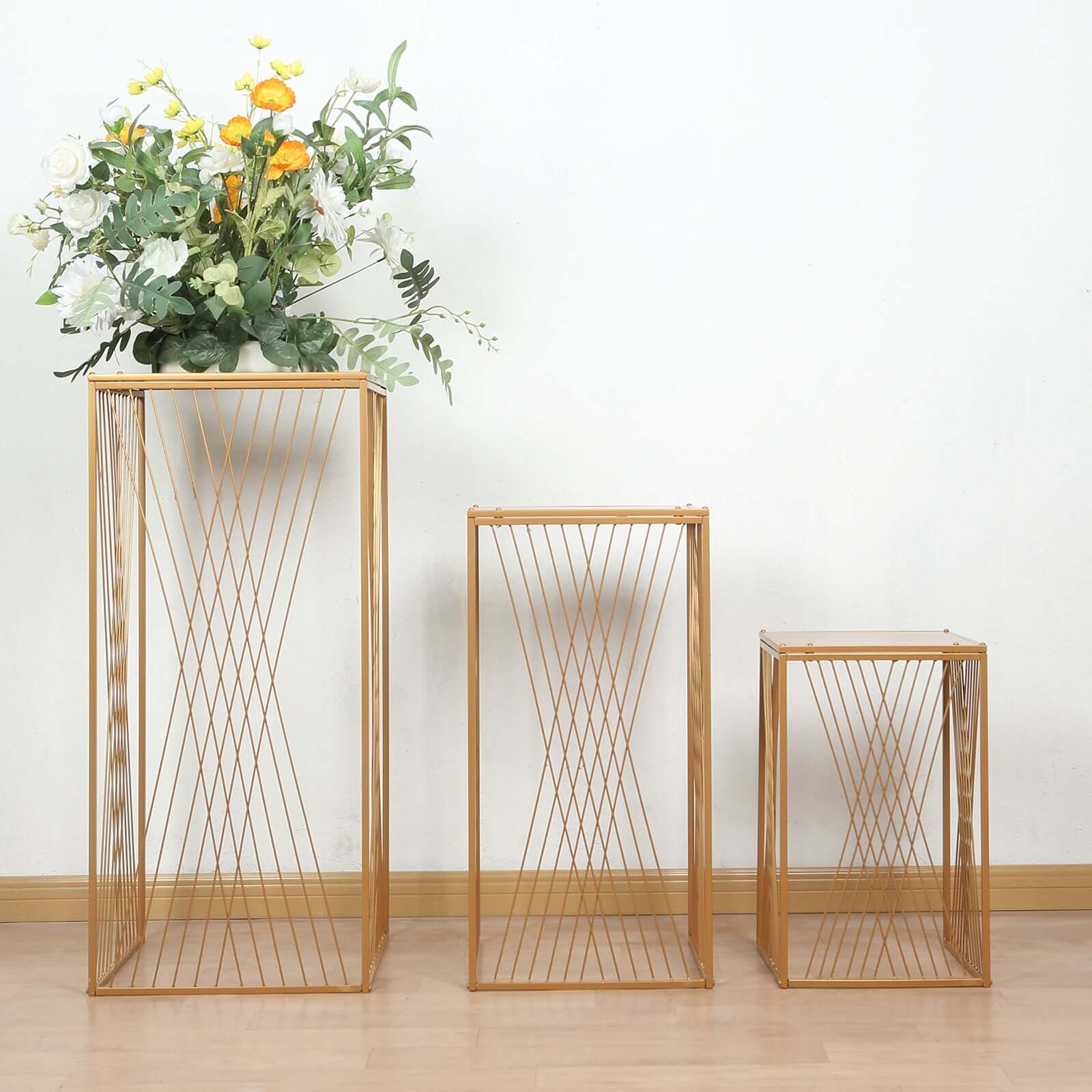 Set of 3 Gold Metal Rectangular Pedestal Stands with Geometric Crossed Lines Pattern, Floral Display Stands Nesting Cake Dessert Tables - 19",27",35" - Image 6