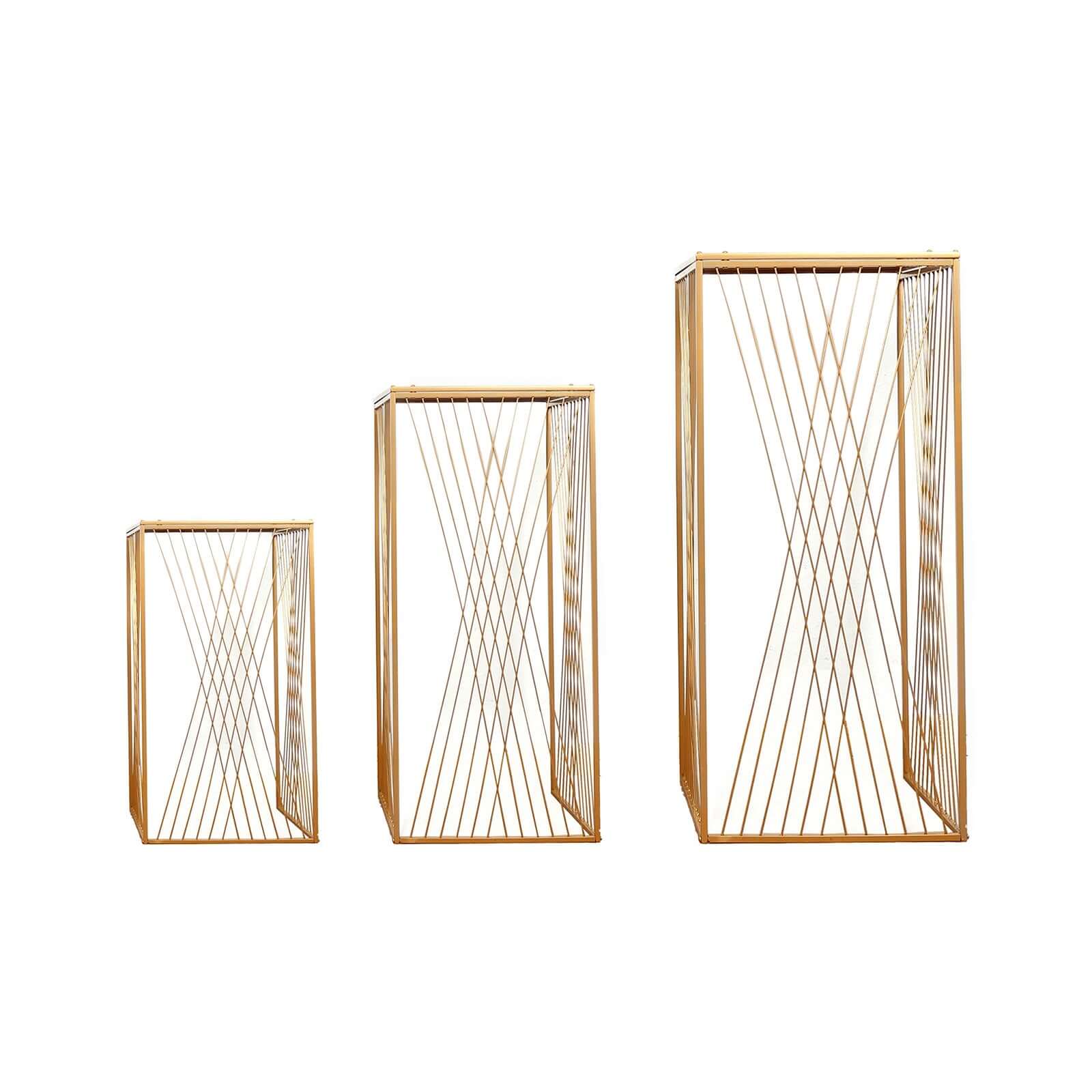 Set of 3 Gold Metal Rectangular Pedestal Stands with Geometric Crossed Lines Pattern, Floral Display Stands Nesting Cake Dessert Tables - 19",27",35" - Image 8