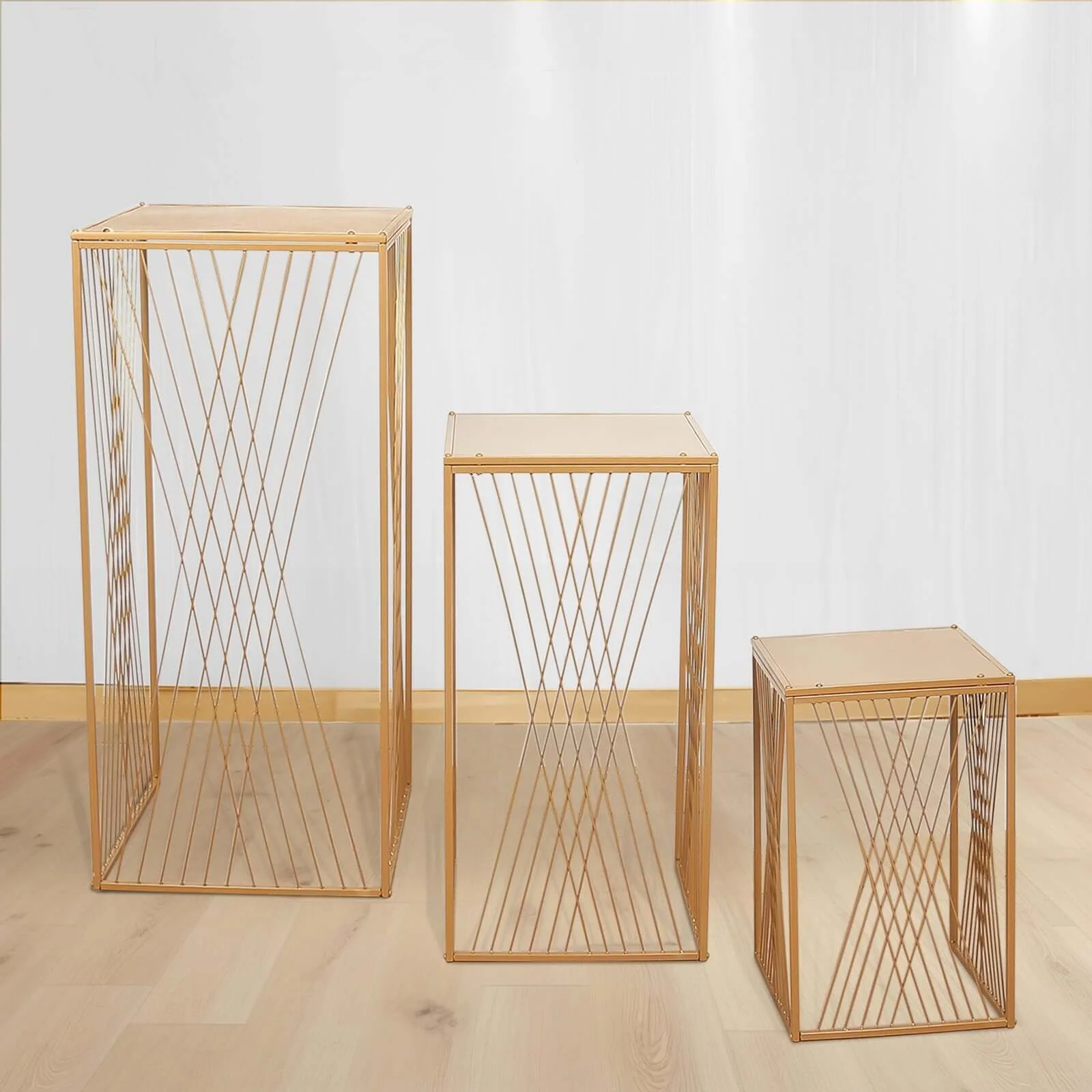 Set of 3 Gold Metal Rectangular Pedestal Stands with Geometric Crossed Lines Pattern, Floral Display Stands Nesting Cake Dessert Tables - 19",27",35" - Image 9