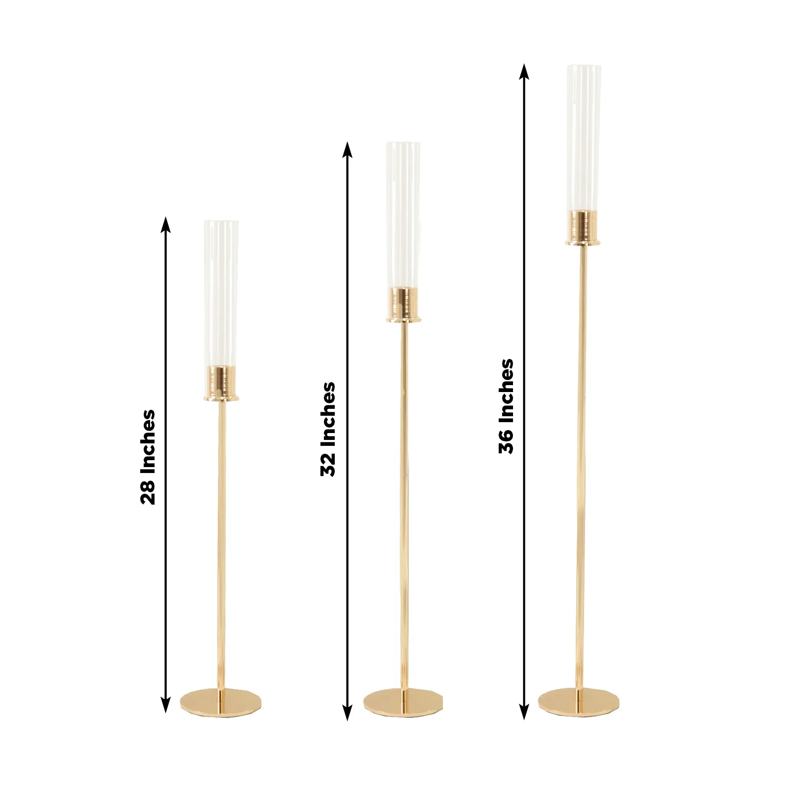 Set of 3 Gold Metal Taper Candle Holders with Hurricane Glass Shades – Modern Minimalist Candlestick Stands – 28", 32", 36" - Image 2