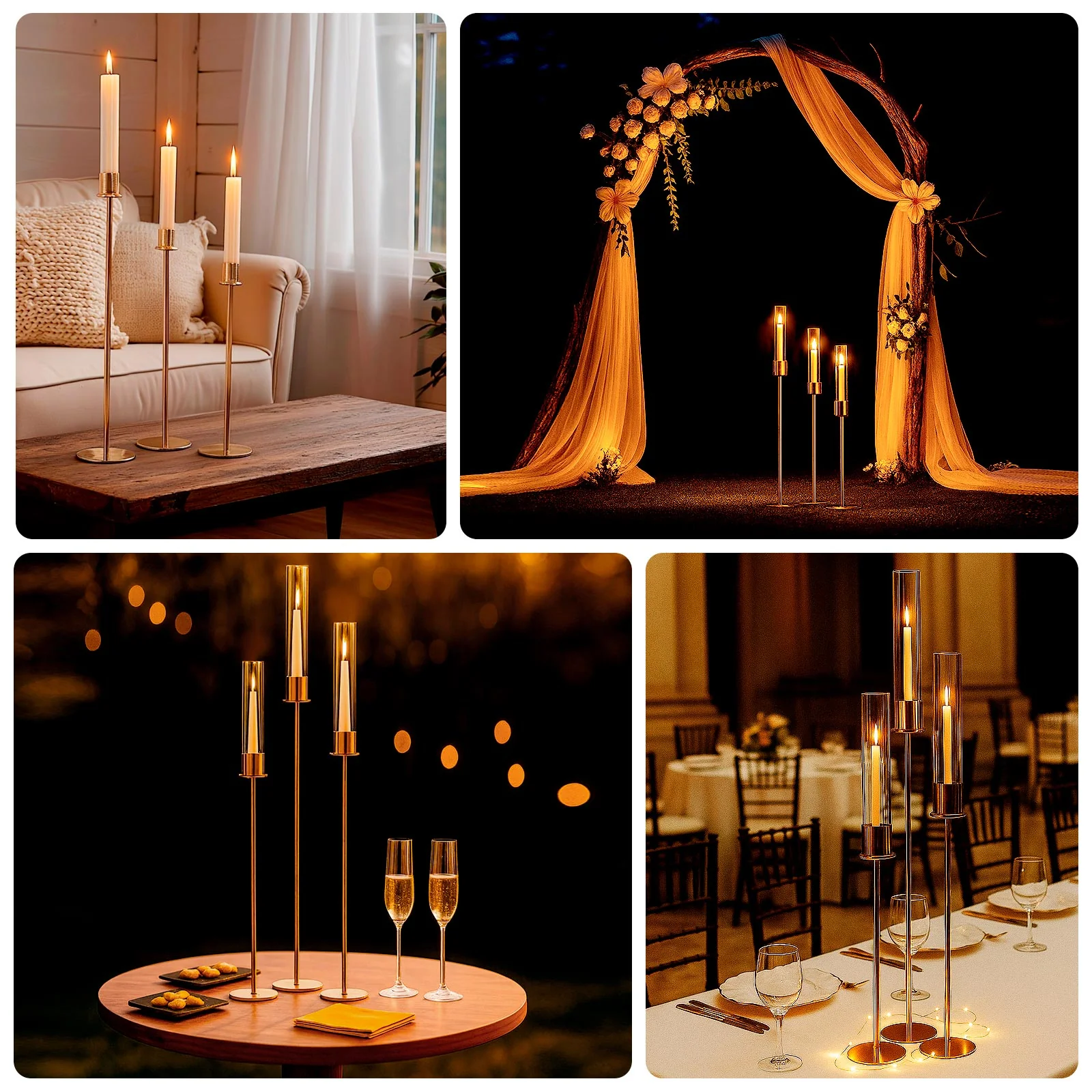 Set of 3 Gold Metal Taper Candle Holders with Hurricane Glass Shades – Modern Minimalist Candlestick Stands – 28", 32", 36" - Image 4