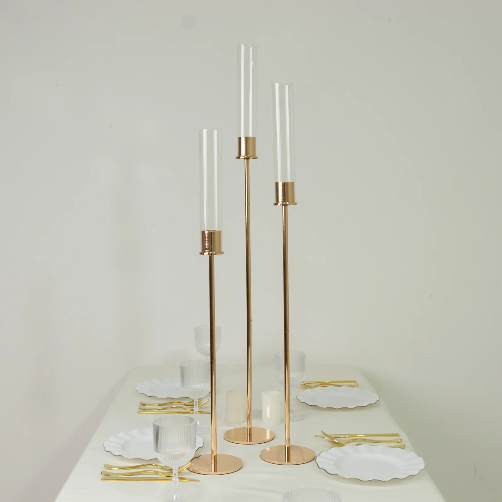 Set of 3 Gold Metal Taper Candle Holders with Hurricane Glass Shades – Modern Minimalist Candlestick Stands – 28", 32", 36" - Image 7
