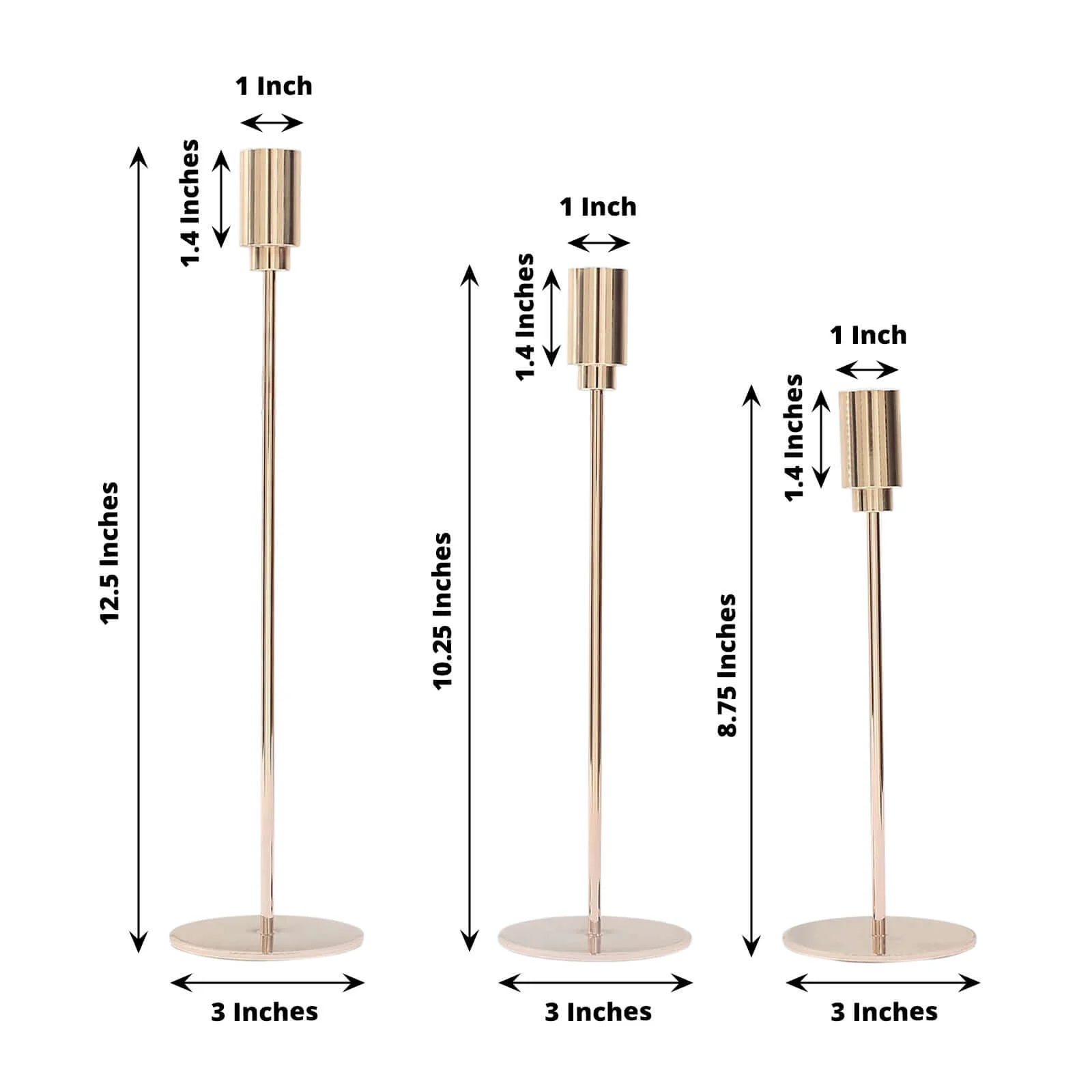 Set of 3 Gold Metal Taper Candle Stands 9", 10", 13" Round Solid Base - Decorative Centerpiece - Image 3