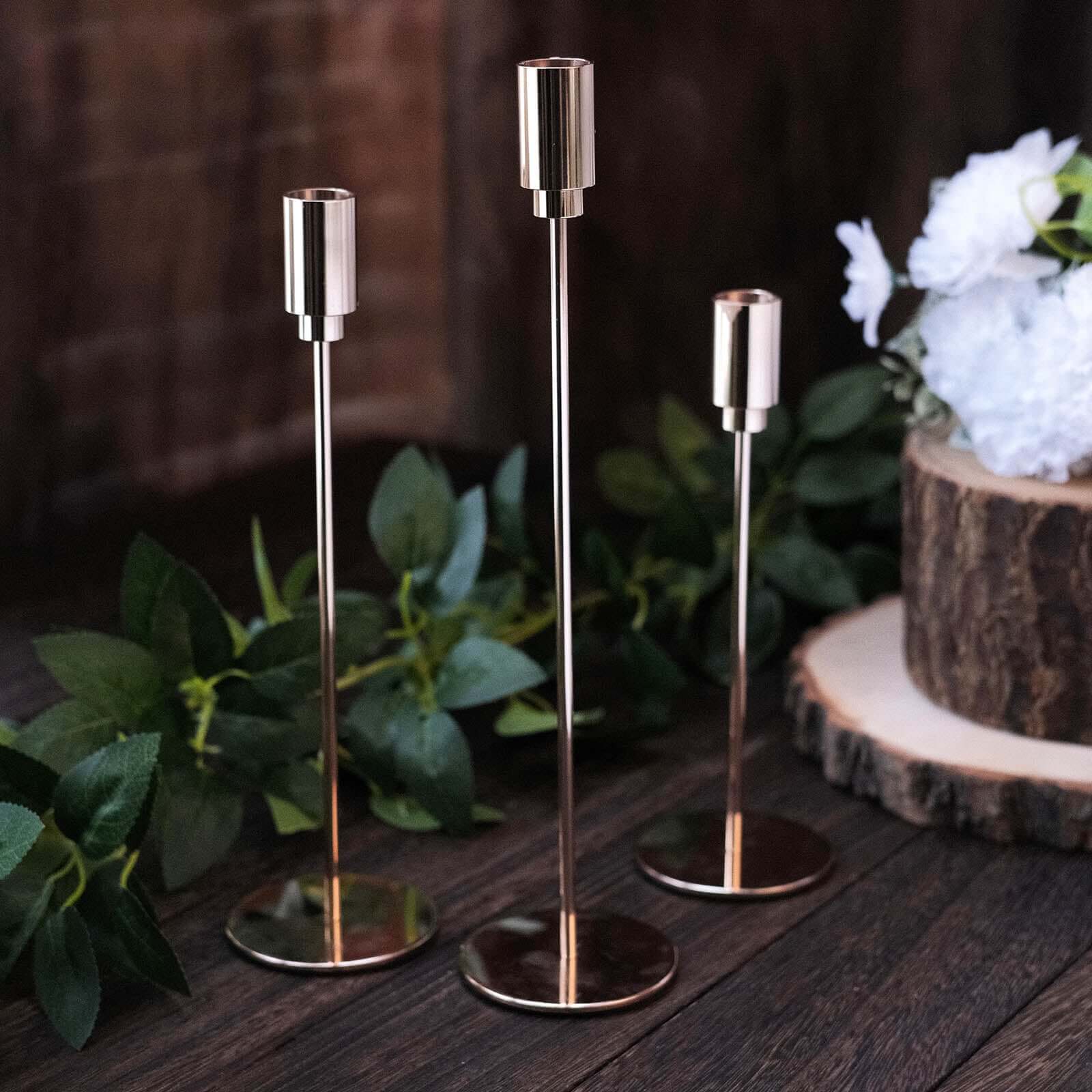Set of 3 Gold Metal Taper Candle Stands 9", 10", 13" Round Solid Base - Decorative Centerpiece - Image 5