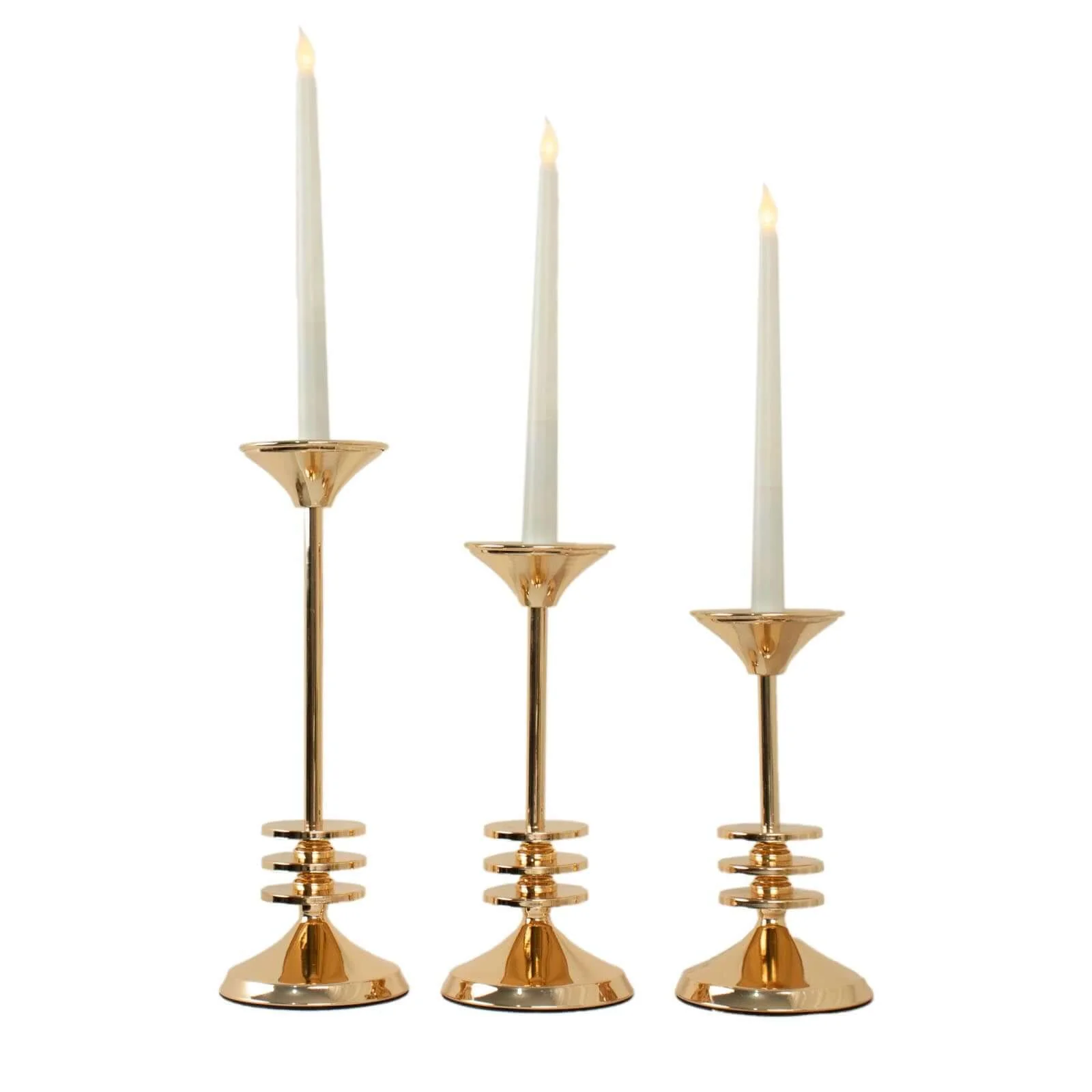 Set of 3 Gold Metal Taper Candlestick Holders 9", 11", 13" 3 Disk Pedestal - Stable Candle Stands - Image 10
