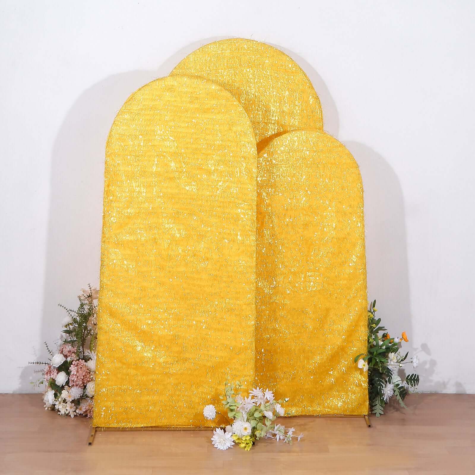 Set of 3 Gold Metallic Fringe Chiara Backdrop Stand Covers, Fitted Covers For Round Top Wedding Arches 5ft, 6ft, 7ft - Image 2