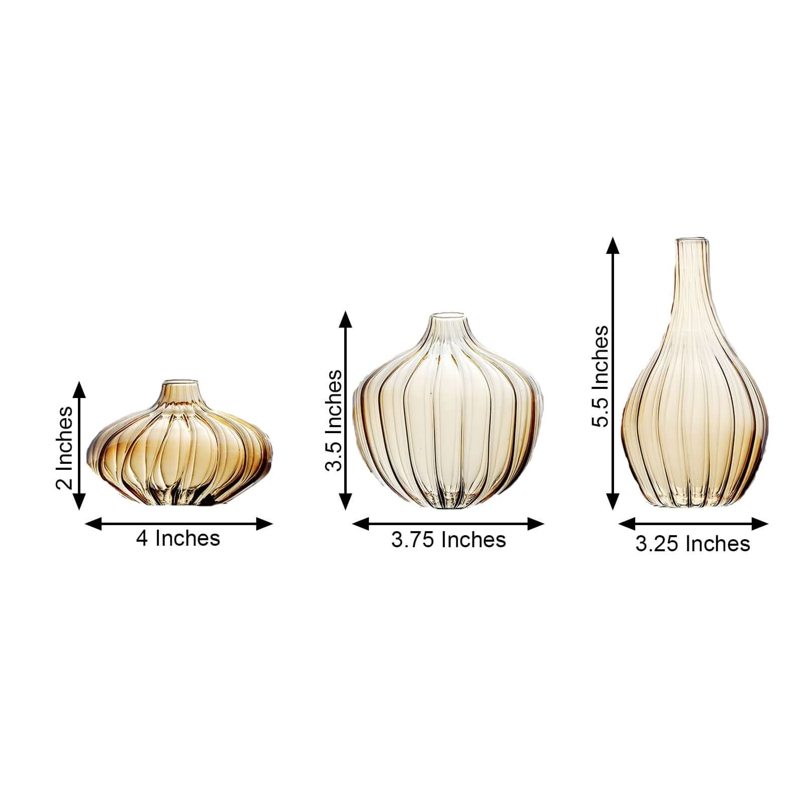 Set of 3 Gold Ribbed Design Glass Flower Bud Vases, Table Centerpiece Taper Candle Holders - Assorted Sizes - Image 3