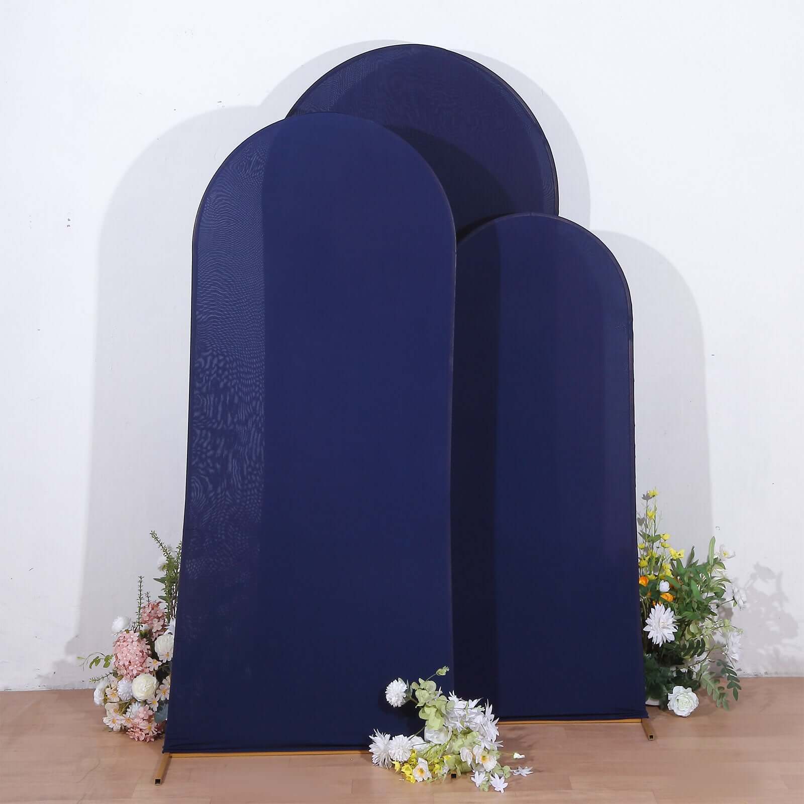 Set of 3 Matte Navy Blue Spandex Fitted Wedding Arch Covers For Round Top Chiara Backdrop Stands 5ft, 6ft, 7ft - Image 2