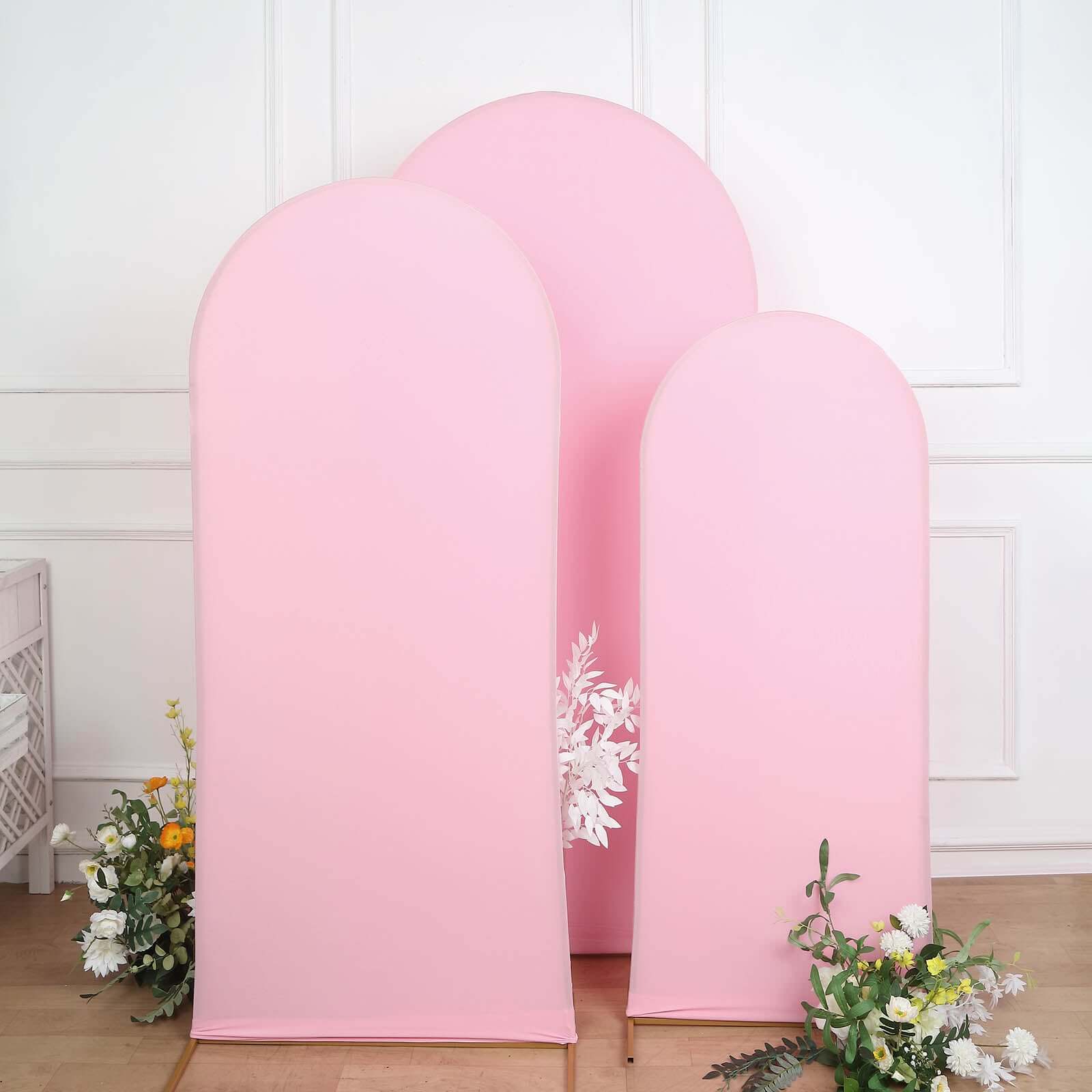 Set of 3 Matte Pink Spandex Fitted Wedding Arch Covers For Round Top Chiara Backdrop Stands 5ft, 6ft, 7ft - Image 7