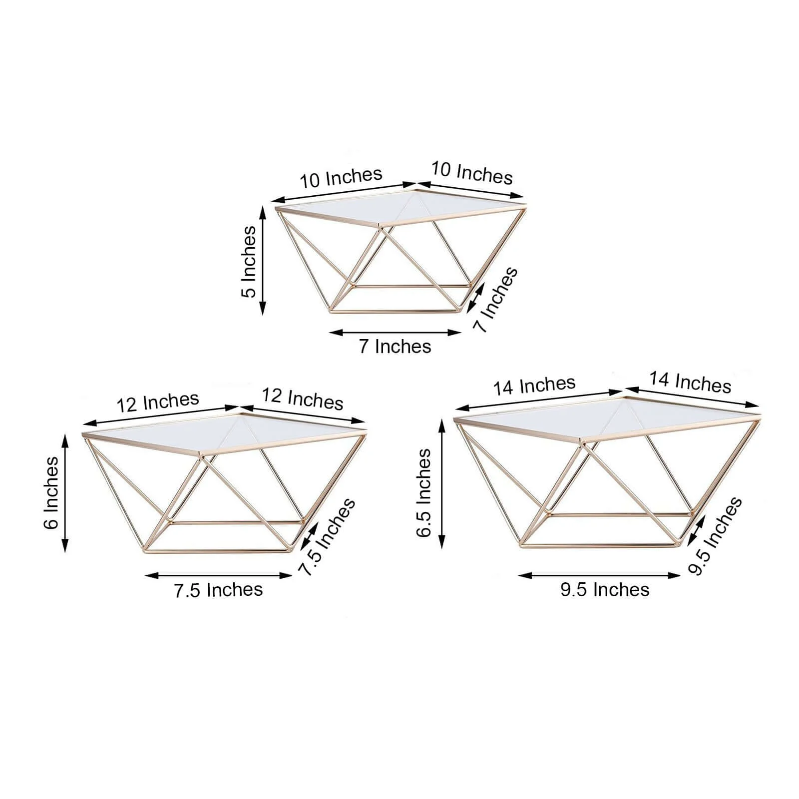 Set of 3 Metal Cake Dessert Stands Geometric Stackable Design Gold with Square Glass Top - Pedestal Display Centerpieces - Image 3