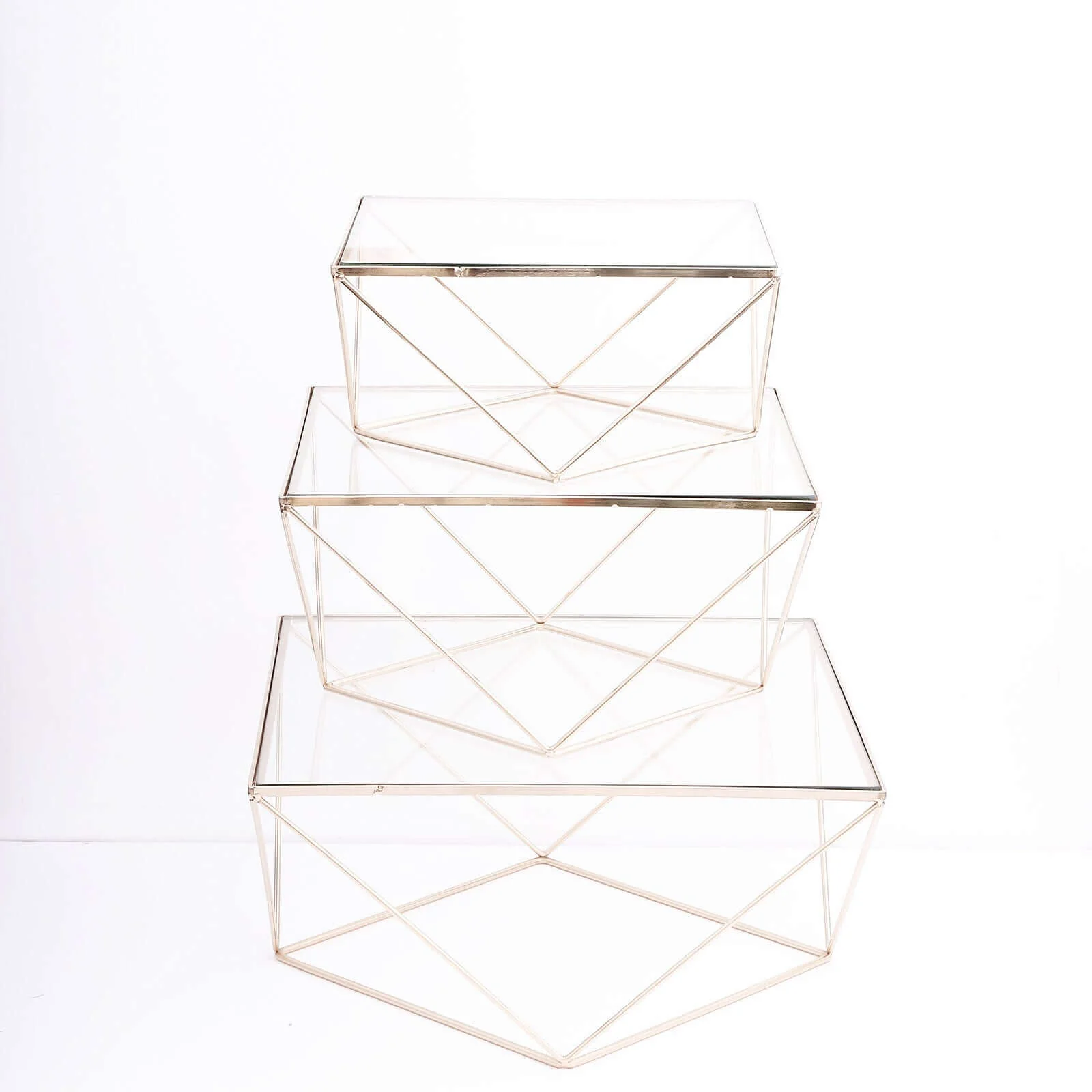Set of 3 Metal Cake Dessert Stands Geometric Stackable Design Gold with Square Glass Top - Pedestal Display Centerpieces - Image 7