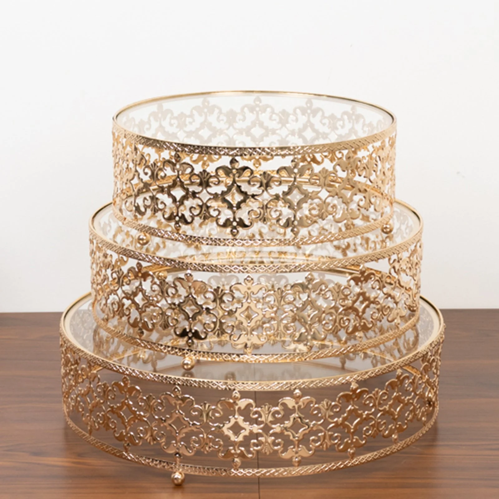 Set of 3 Metal Cake Stands 10", 12", 14" Baroque Ornate Design with Glass Top Gold - Stackable Dessert Display Trays - Image 10